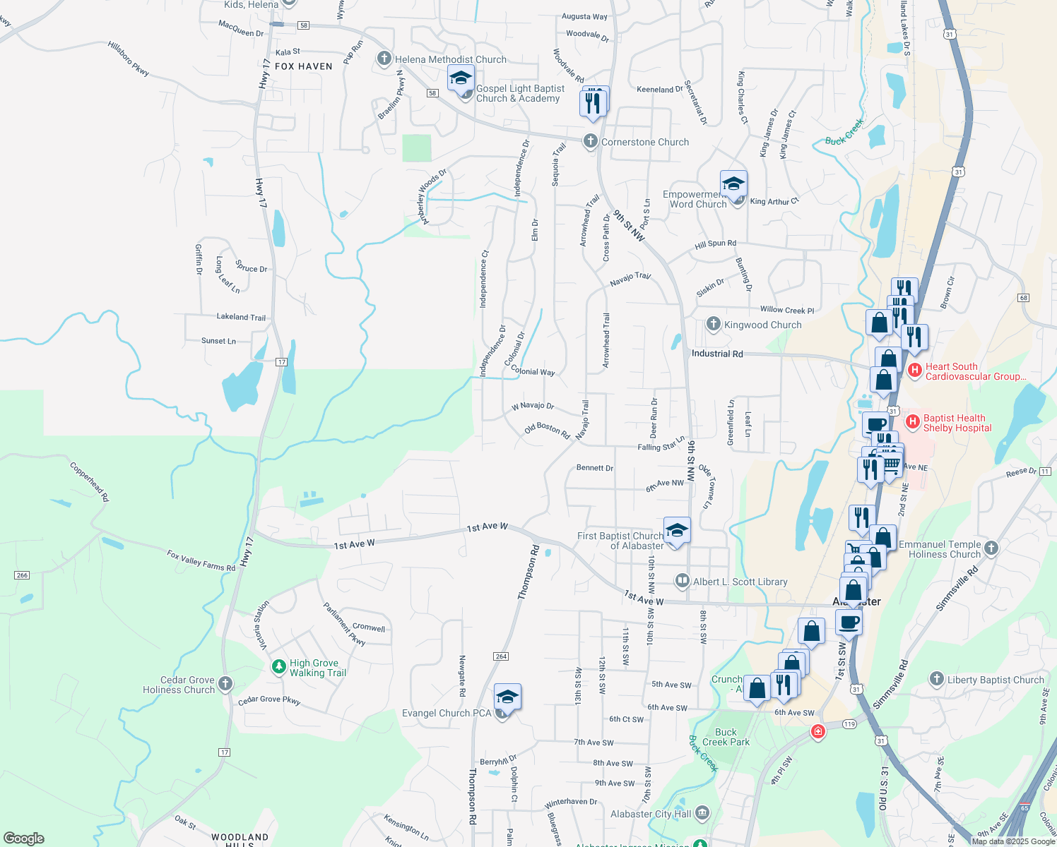 map of restaurants, bars, coffee shops, grocery stores, and more near 1356 Old Boston Road in Alabaster