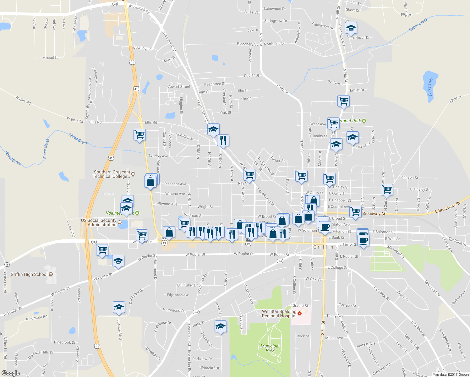 map of restaurants, bars, coffee shops, grocery stores, and more near 318 North 15th Street in Griffin