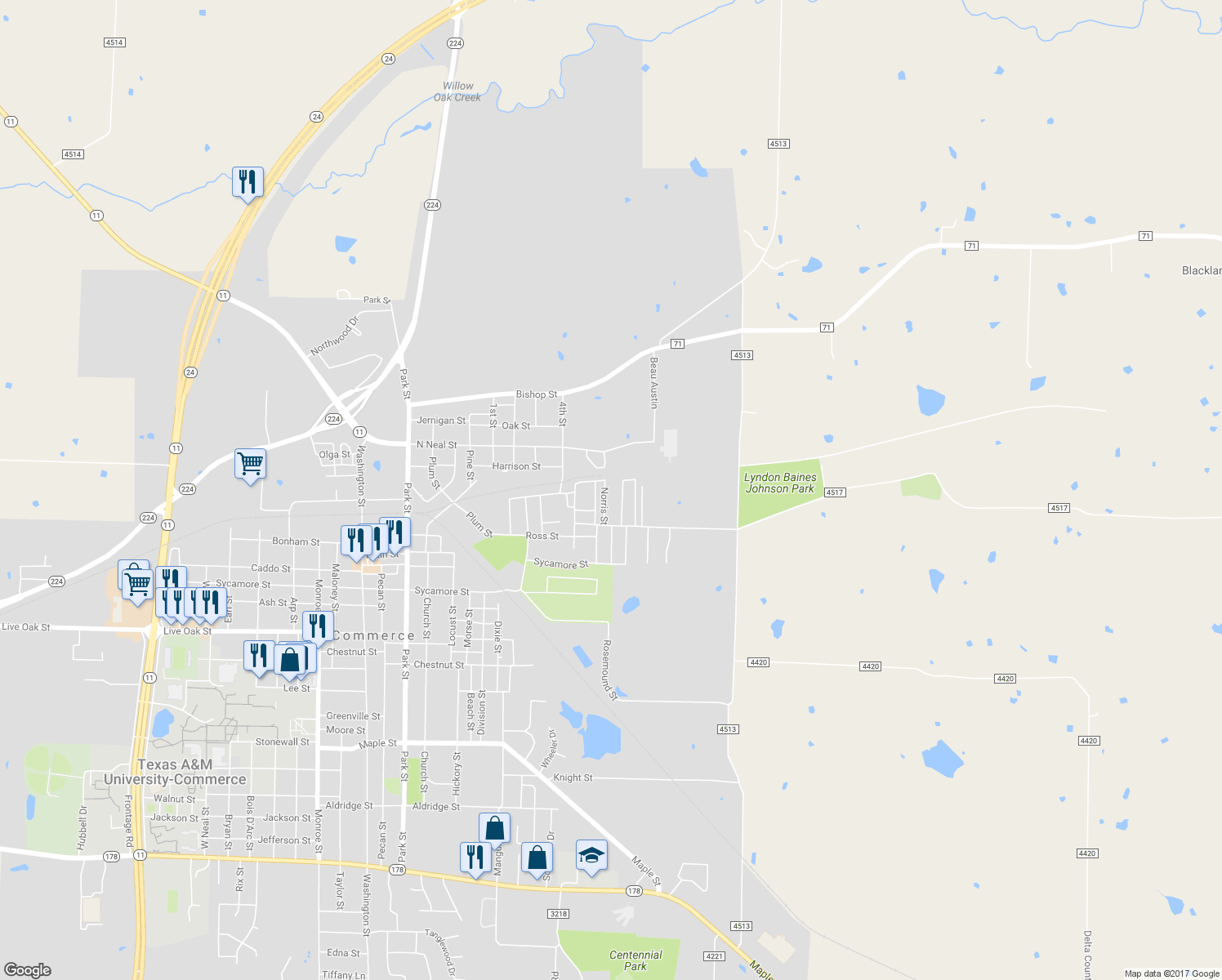 map of restaurants, bars, coffee shops, grocery stores, and more near 119 Norris Street in Commerce
