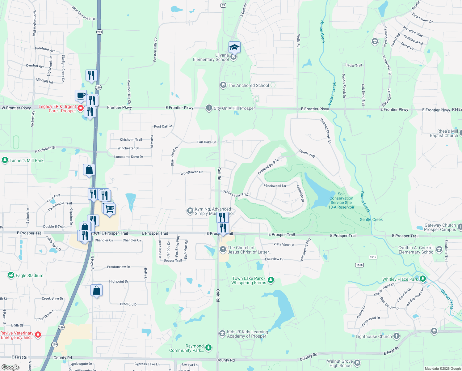 map of restaurants, bars, coffee shops, grocery stores, and more near 1520 Rock Ridge Dr in Prosper