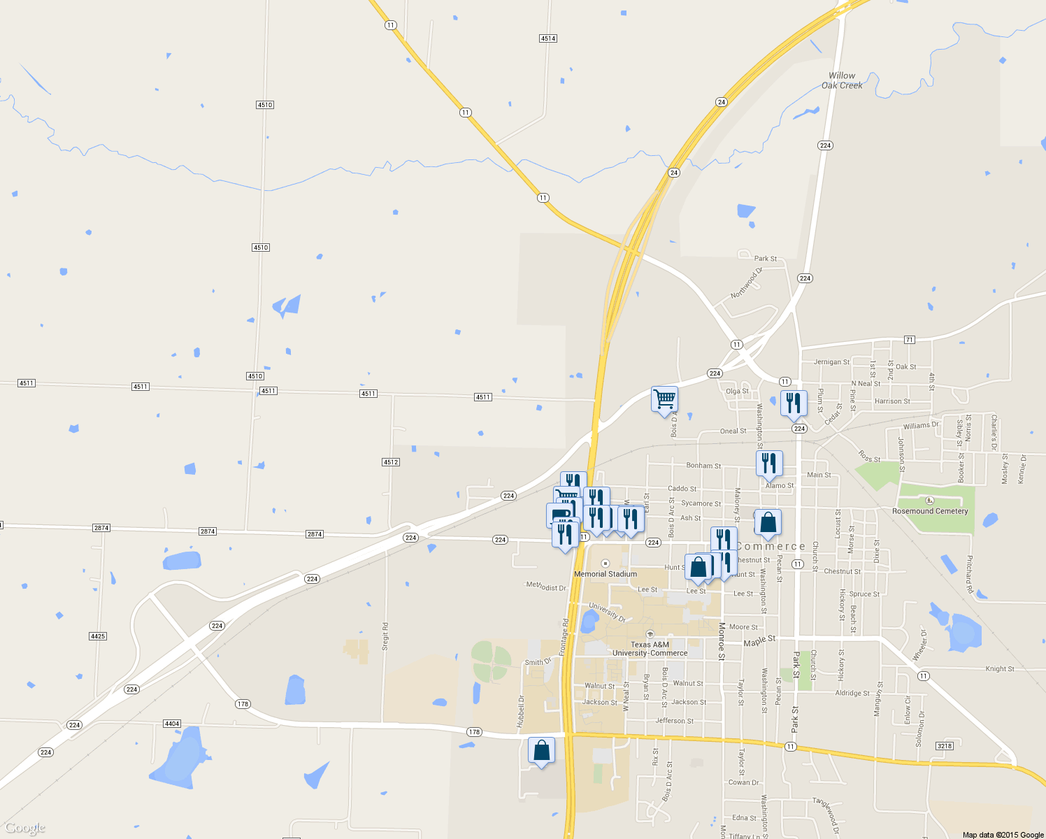 map of restaurants, bars, coffee shops, grocery stores, and more near 5877 County Road 4511 in Commerce