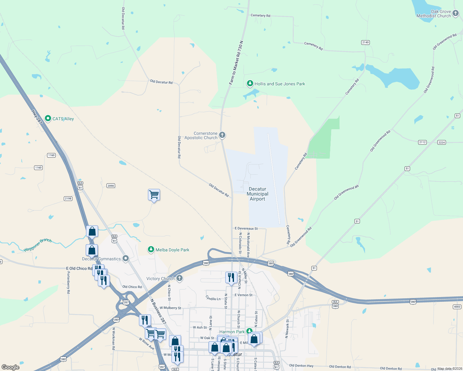 map of restaurants, bars, coffee shops, grocery stores, and more near 2687 North Trinity Street in Decatur