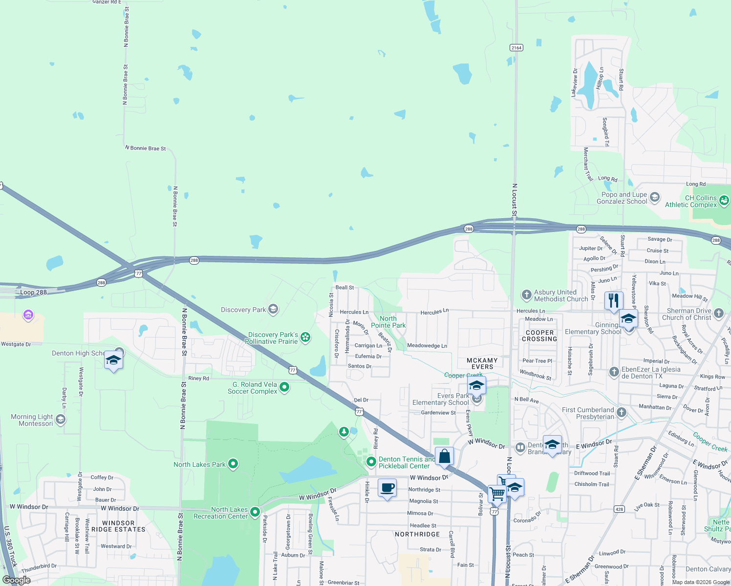 map of restaurants, bars, coffee shops, grocery stores, and more near 3725 Beatriz Drive in Denton