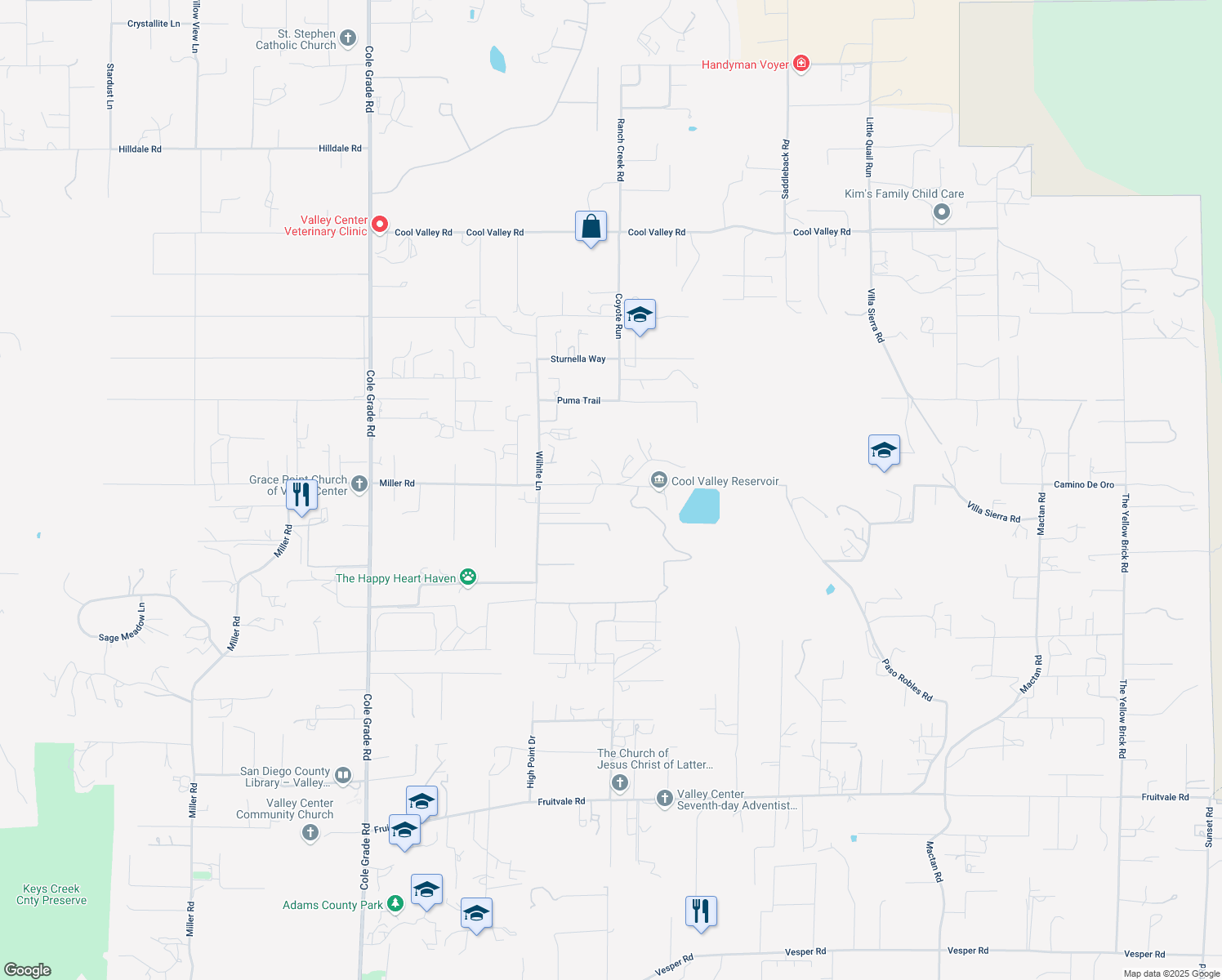 map of restaurants, bars, coffee shops, grocery stores, and more near 30593 Miller Road in Valley Center