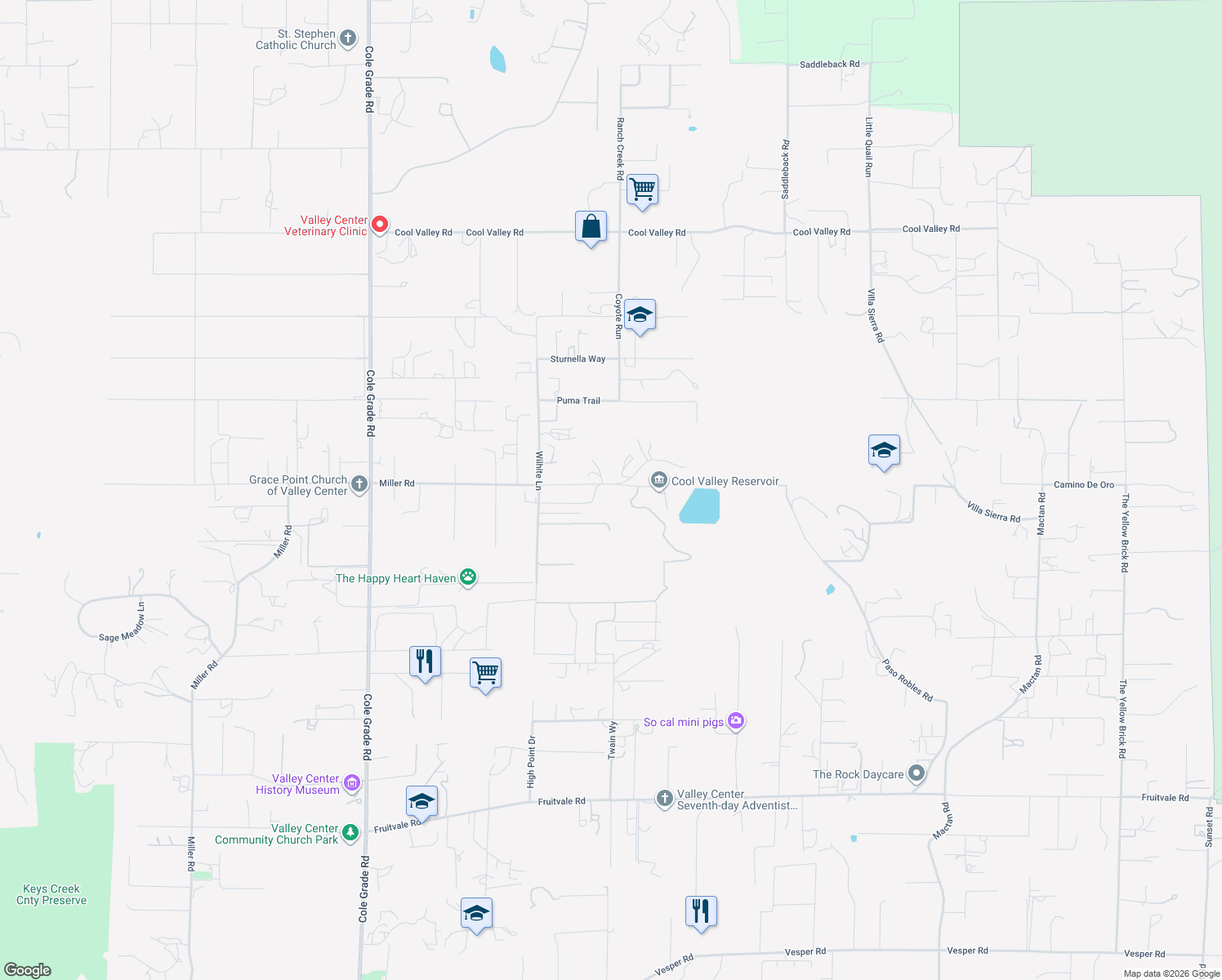 map of restaurants, bars, coffee shops, grocery stores, and more near 30593 Miller Road in Valley Center