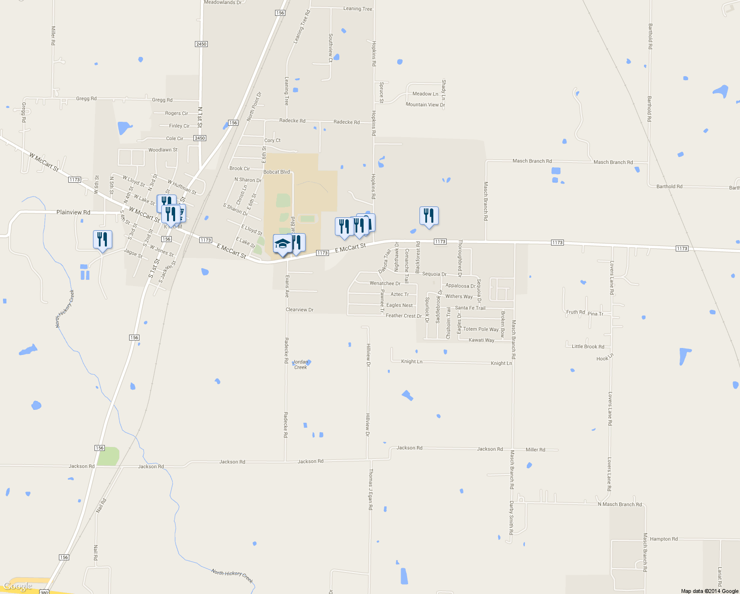 map of restaurants, bars, coffee shops, grocery stores, and more near 1226 Aztec Trail in Krum