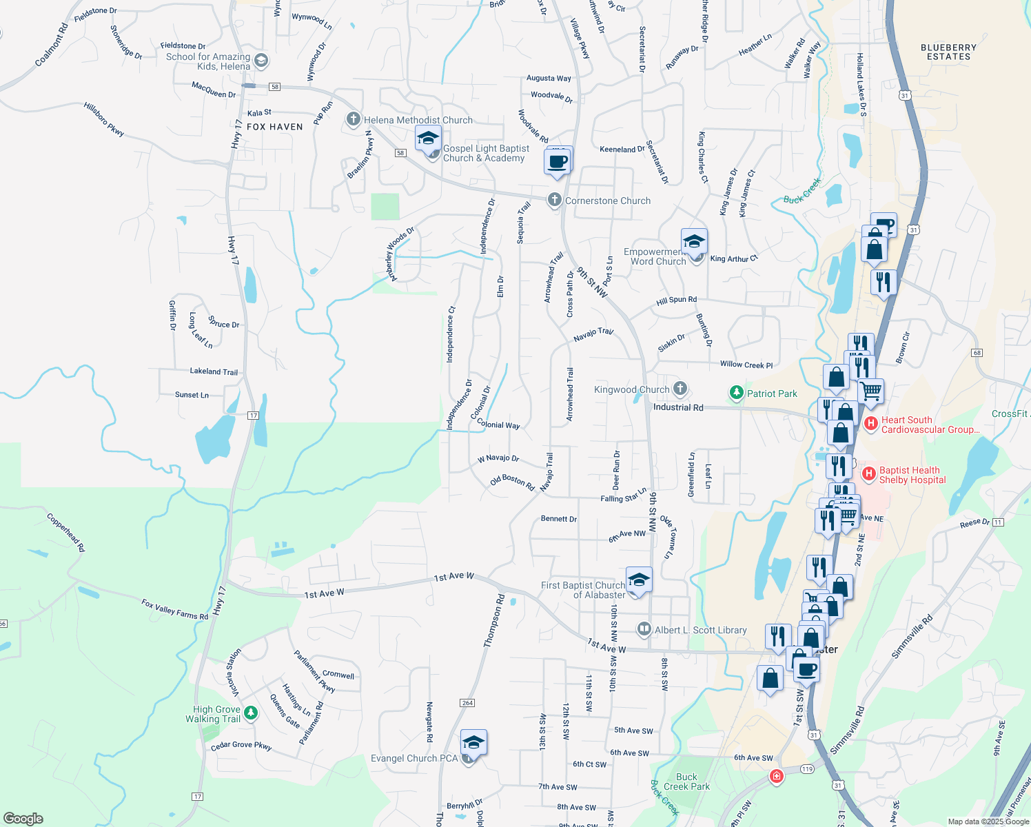 map of restaurants, bars, coffee shops, grocery stores, and more near 1002 Broken Bow Trail in Alabaster