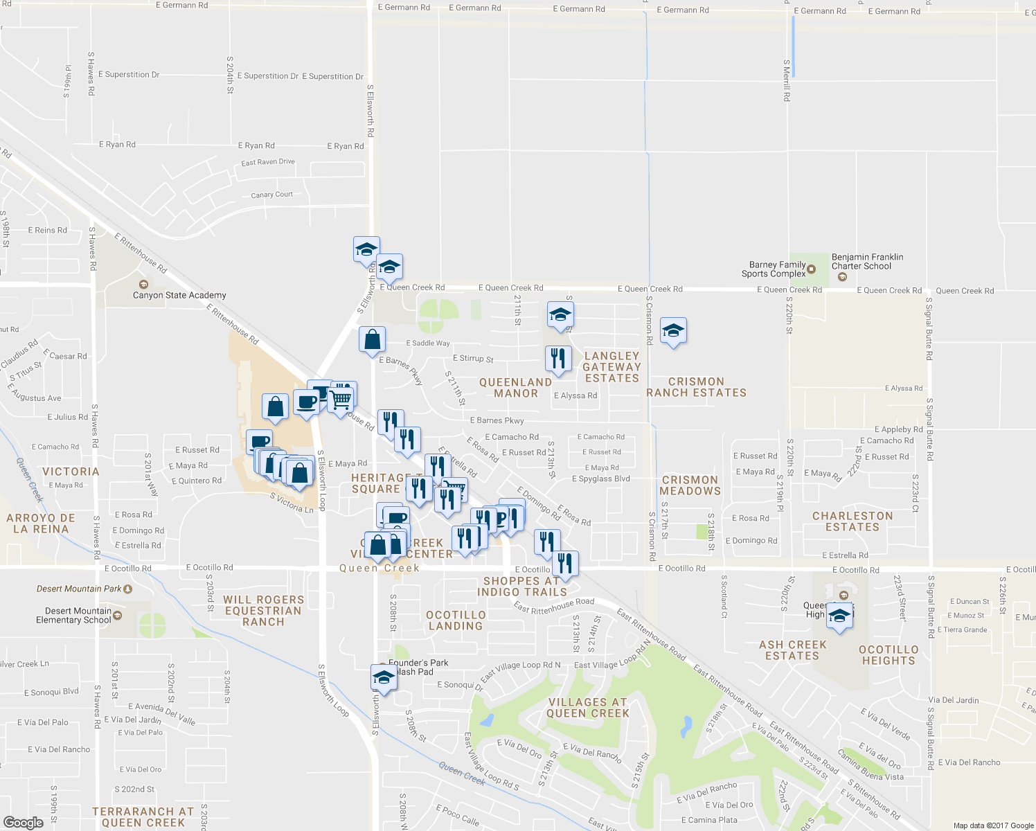 map of restaurants, bars, coffee shops, grocery stores, and more near 21219 East Nightingale Road in Queen Creek