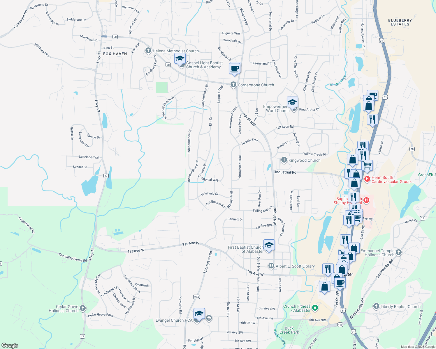 map of restaurants, bars, coffee shops, grocery stores, and more near 1002 Broken Bow Trail in Alabaster