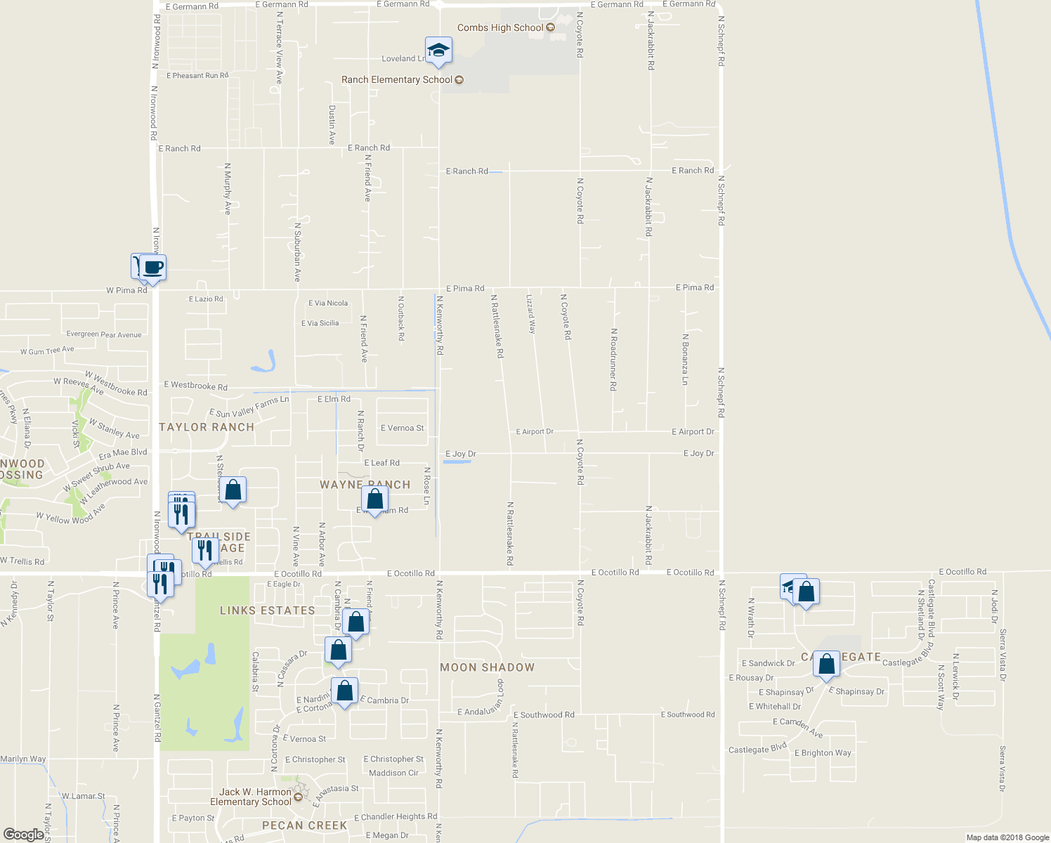 map of restaurants, bars, coffee shops, grocery stores, and more near 41587 North Rattlesnake Road in Queen Creek