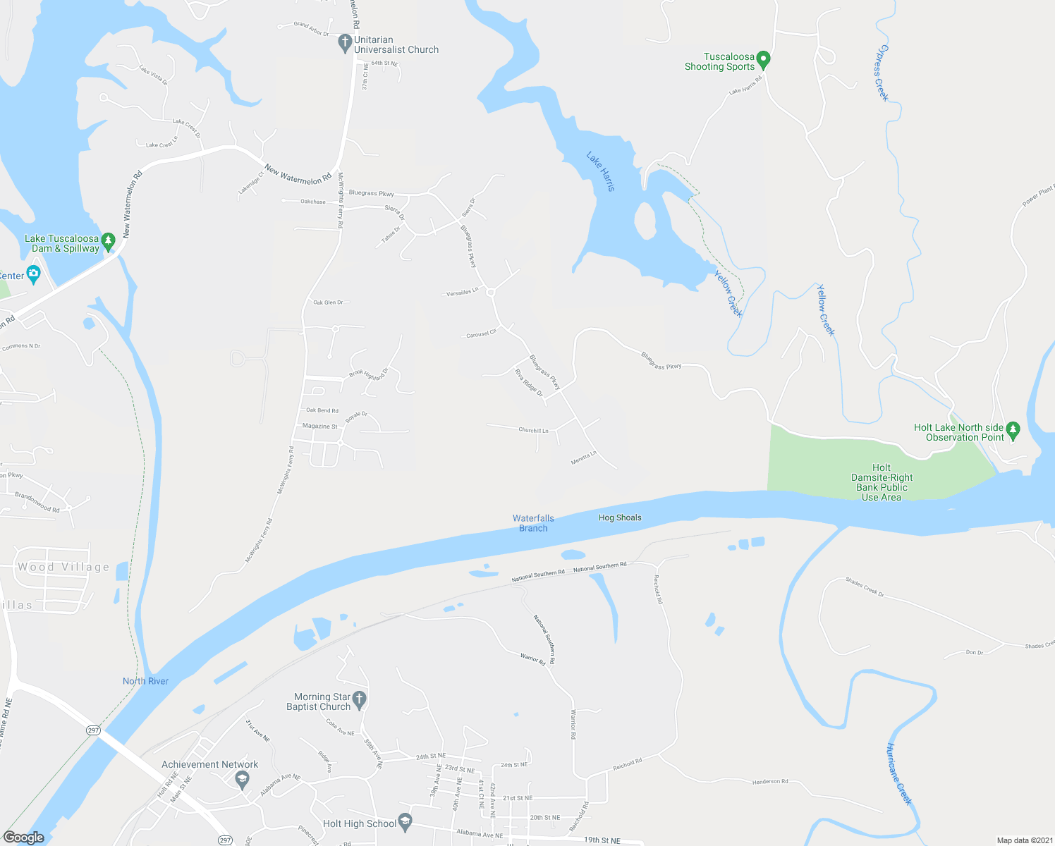 map of restaurants, bars, coffee shops, grocery stores, and more near 4060 Churchill Lane in Tuscaloosa