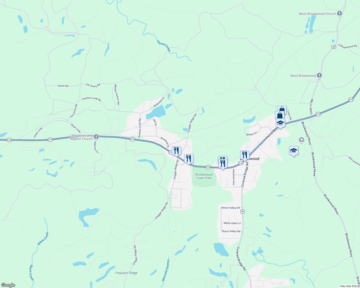 map of restaurants, bars, coffee shops, grocery stores, and more near 15557 Walden Pond Road in Brookwood