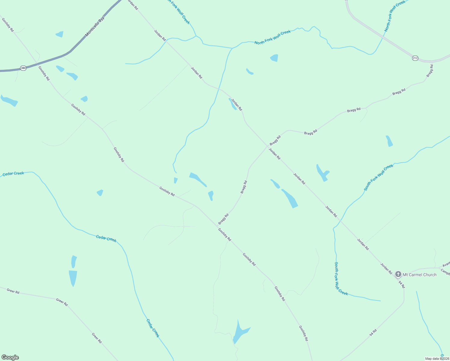 map of restaurants, bars, coffee shops, grocery stores, and more near 495 Bragg Road in Monticello