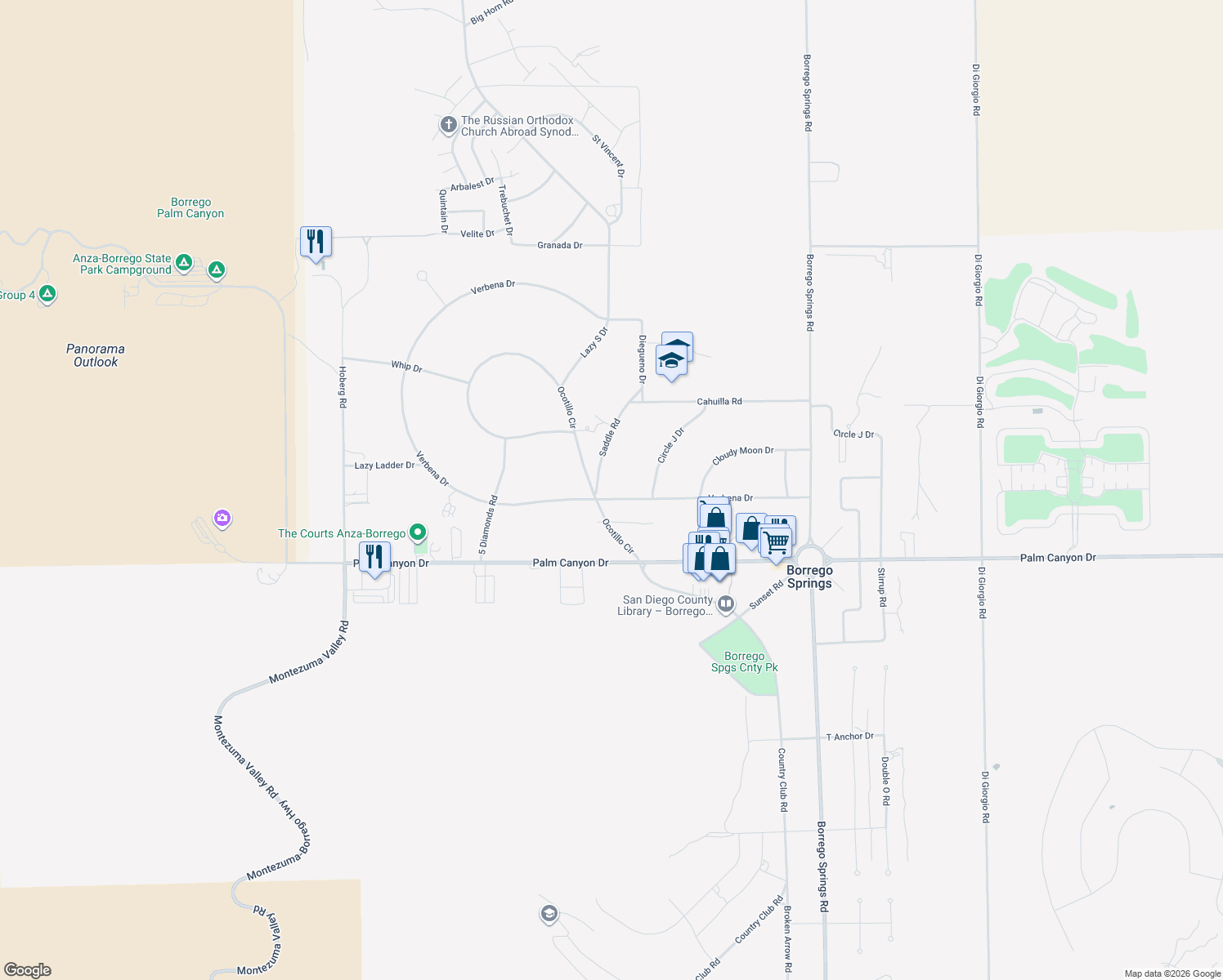 map of restaurants, bars, coffee shops, grocery stores, and more near 514 Verbena Drive in Borrego Springs