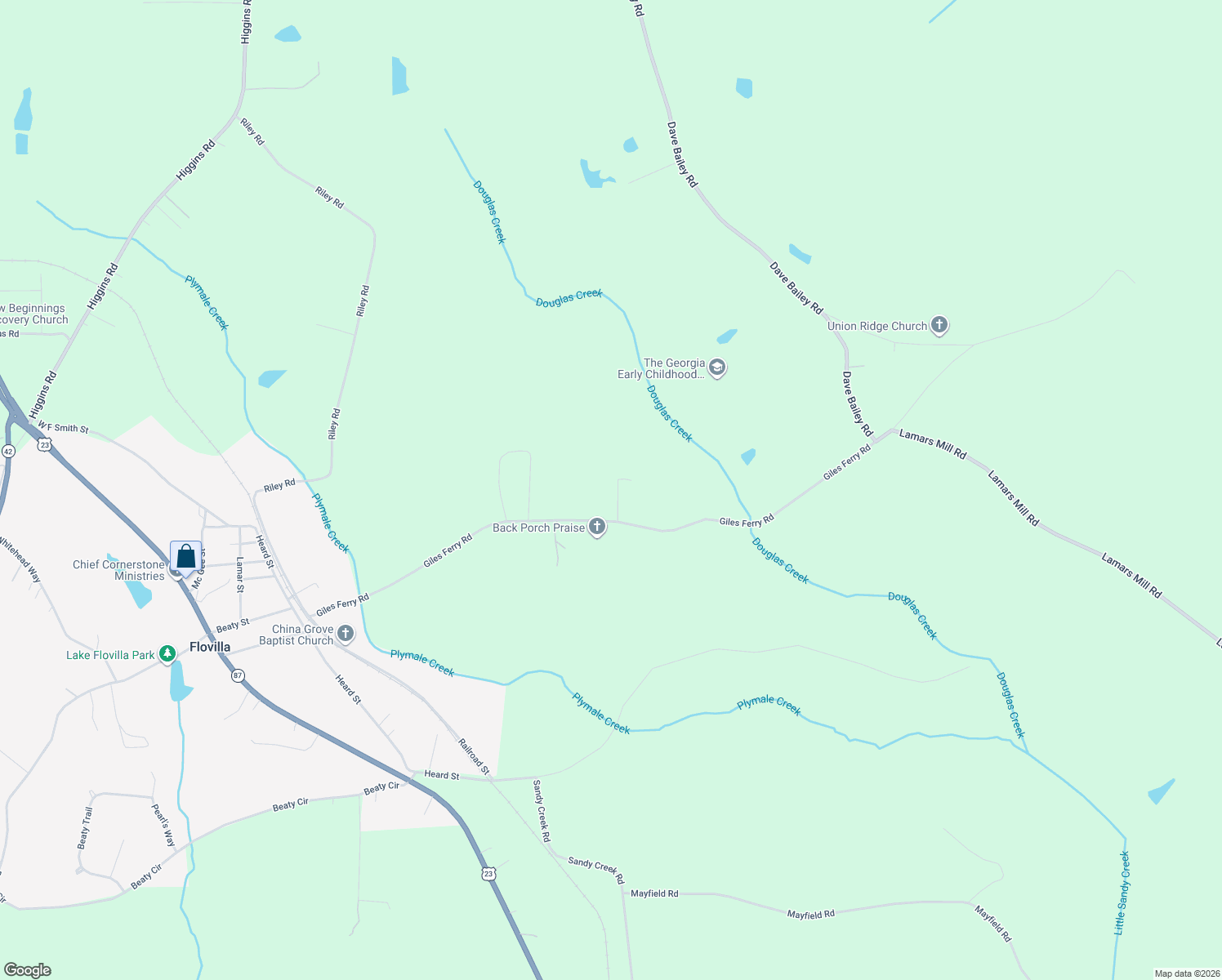 map of restaurants, bars, coffee shops, grocery stores, and more near 301 Giles Ferry Road in Flovilla