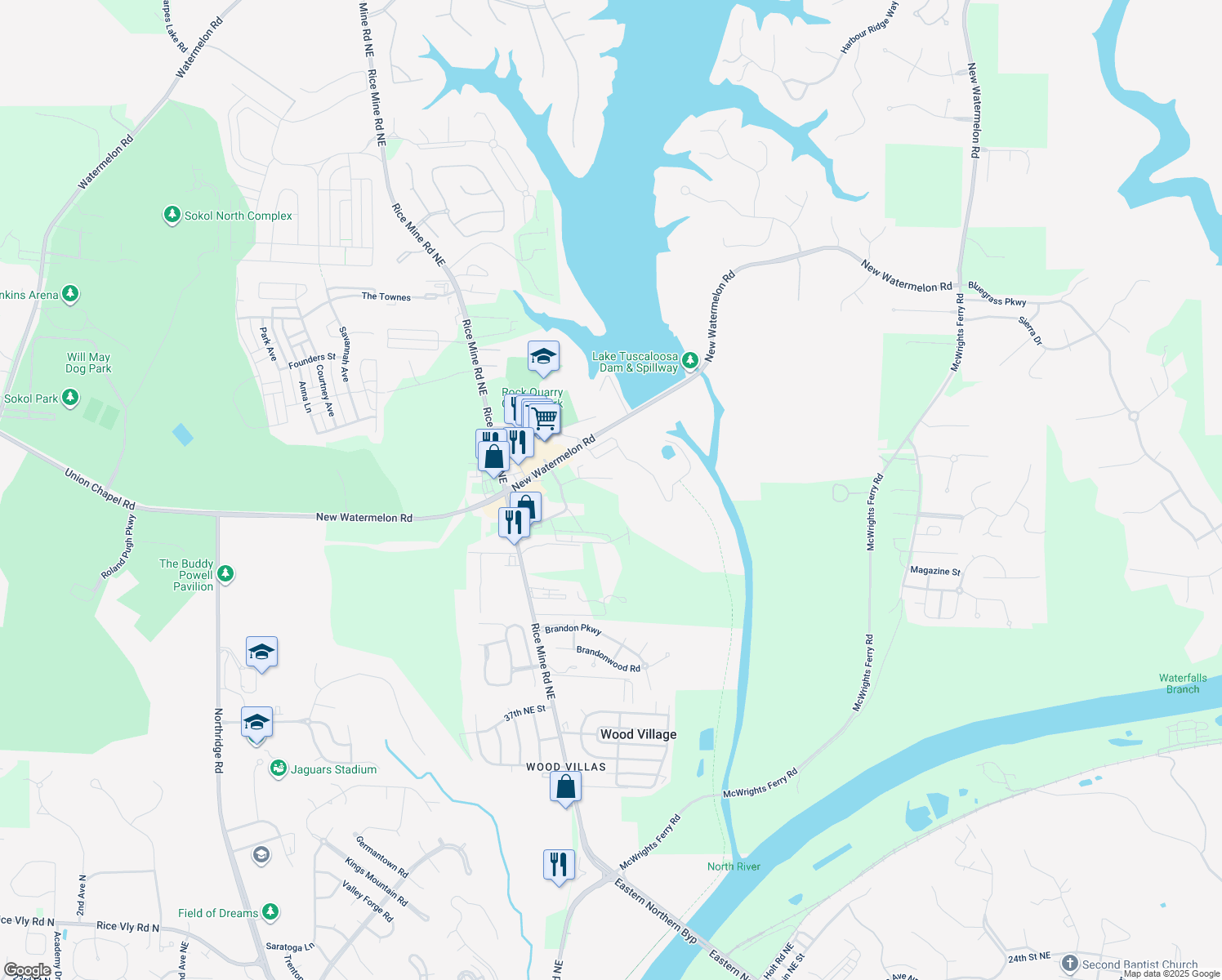 map of restaurants, bars, coffee shops, grocery stores, and more near 1847 Commons N Dr in Tuscaloosa
