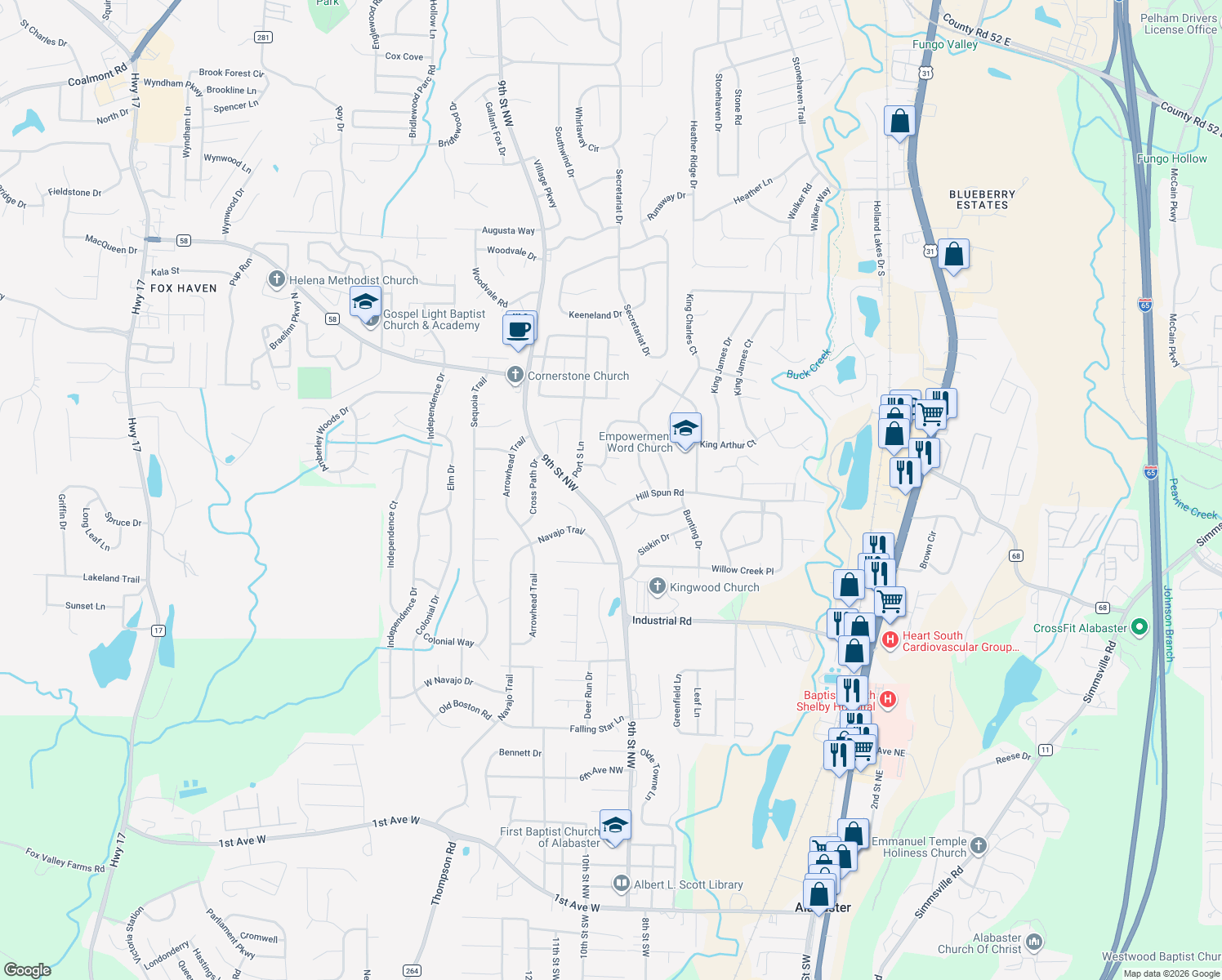 map of restaurants, bars, coffee shops, grocery stores, and more near 116 White Cap Circle in Alabaster