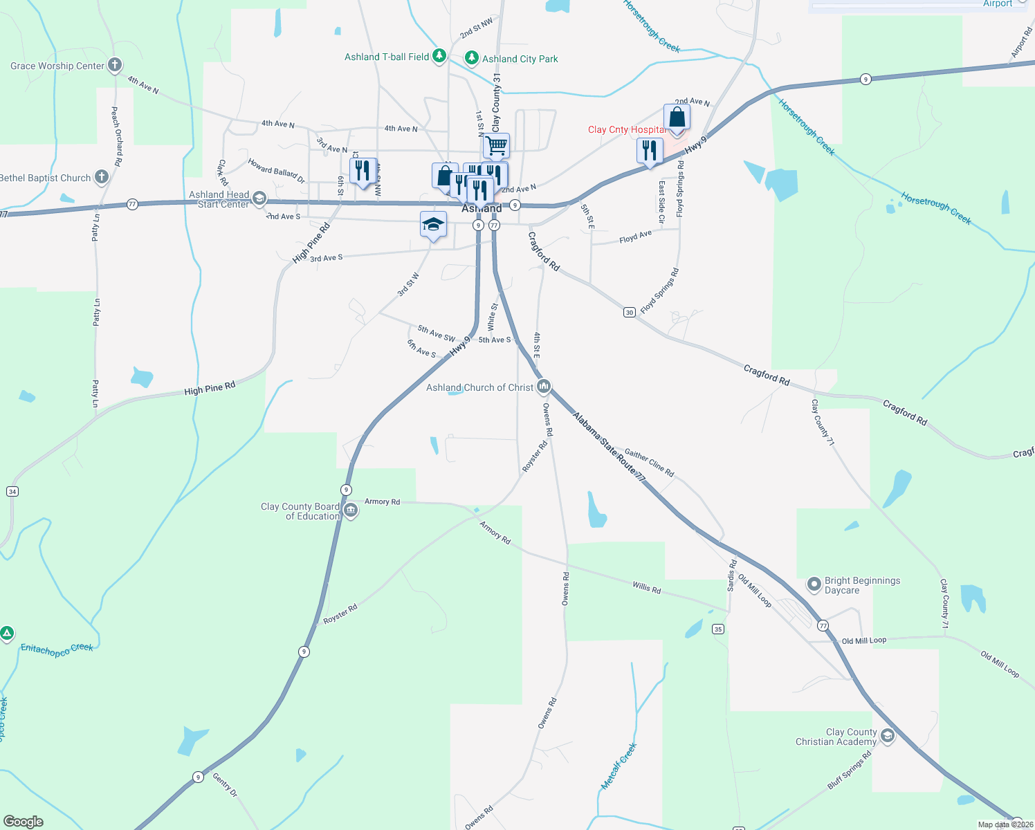 map of restaurants, bars, coffee shops, grocery stores, and more near 254 Phillips Street in Ashland