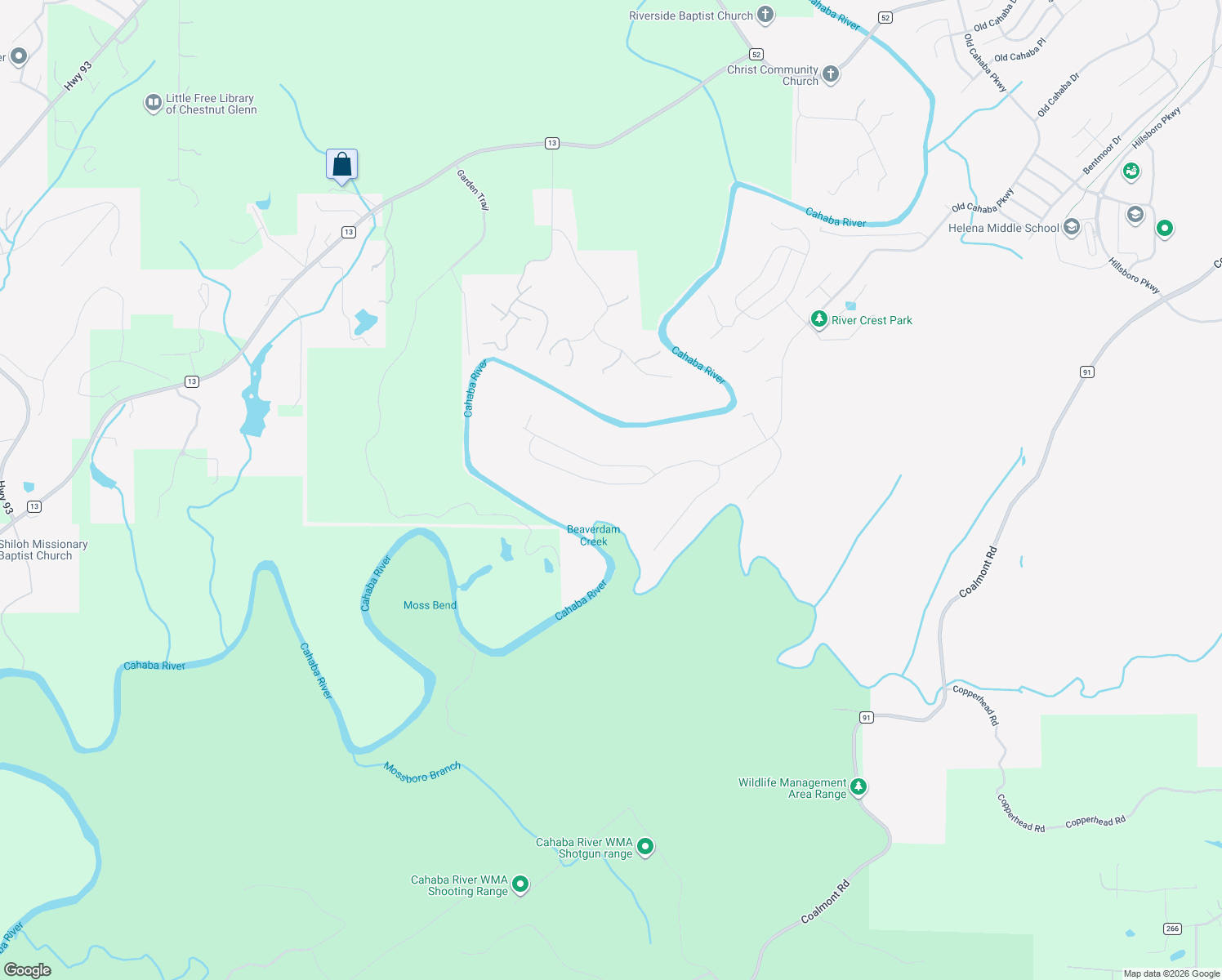 map of restaurants, bars, coffee shops, grocery stores, and more near 4526 Old Cahaba Parkway in Helena