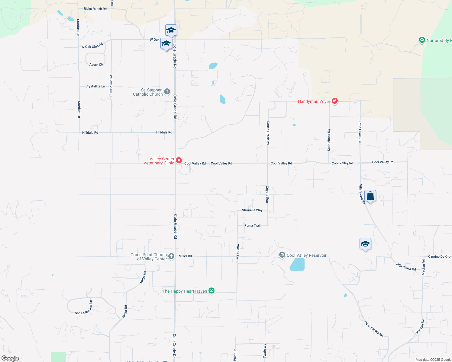 map of restaurants, bars, coffee shops, grocery stores, and more near 30452 Terrace View Lane in Valley Center
