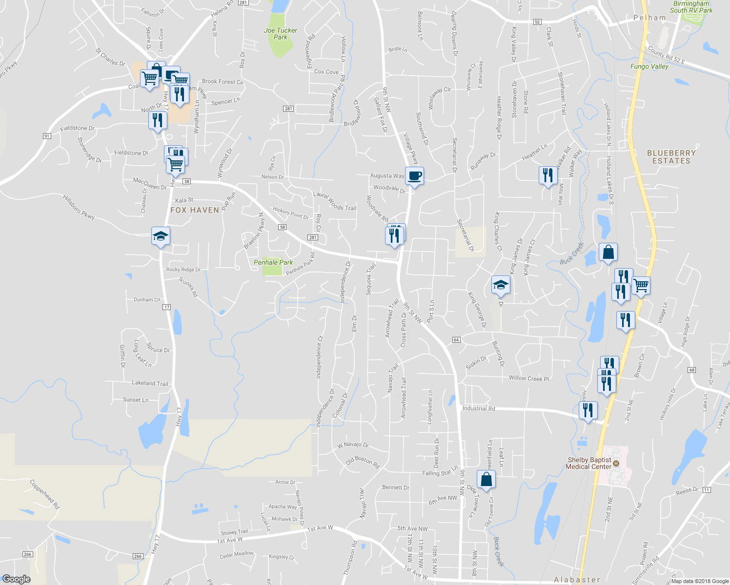 map of restaurants, bars, coffee shops, grocery stores, and more near 1527 Sequoia Trail in Alabaster