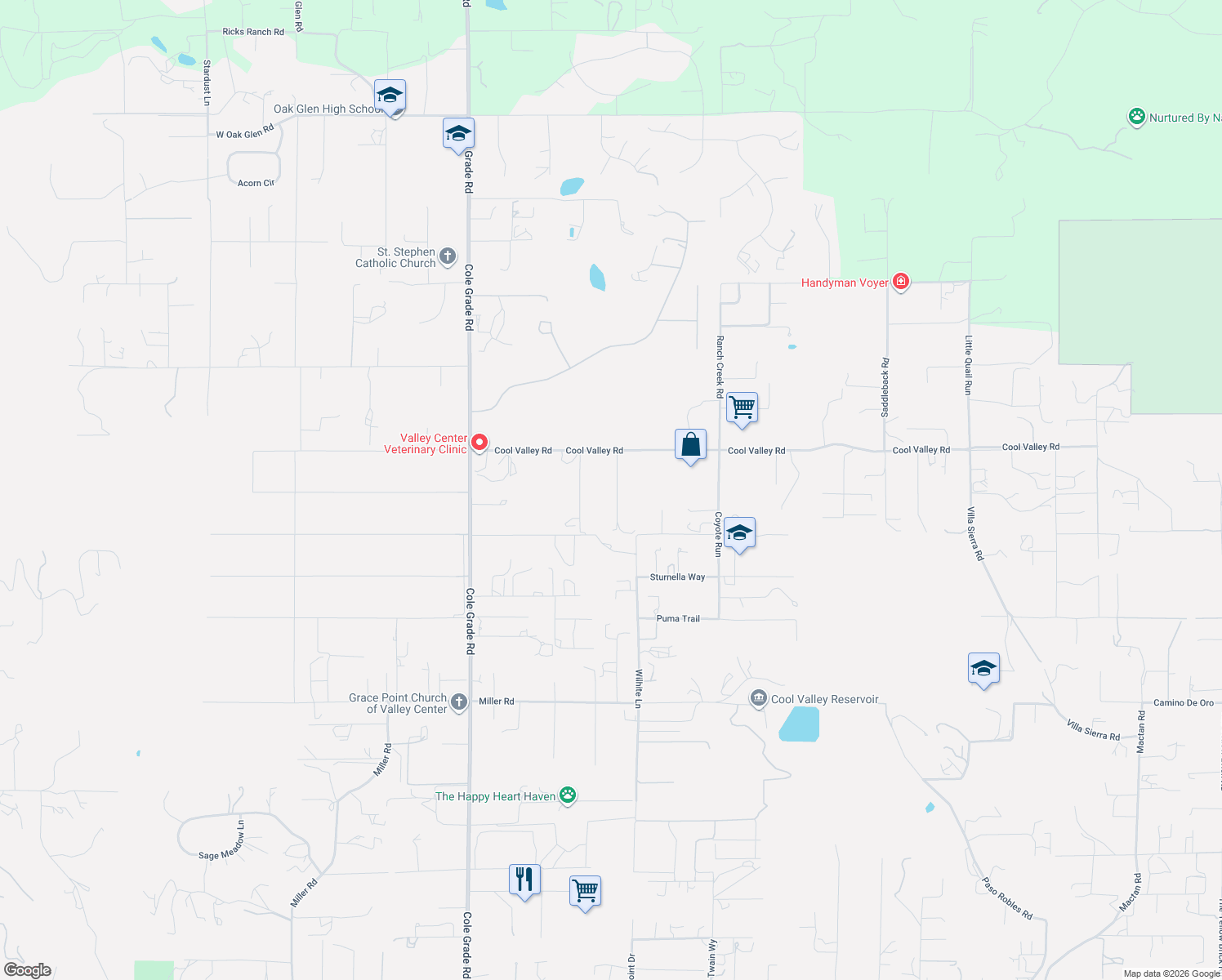 map of restaurants, bars, coffee shops, grocery stores, and more near 30504 Terrace View Lane in Valley Center