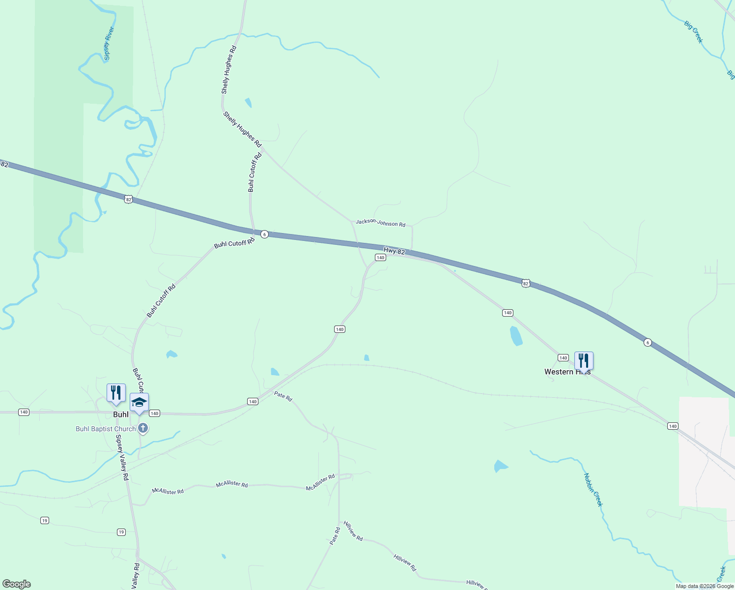 map of restaurants, bars, coffee shops, grocery stores, and more near 15936 County Road 140 in Buhl