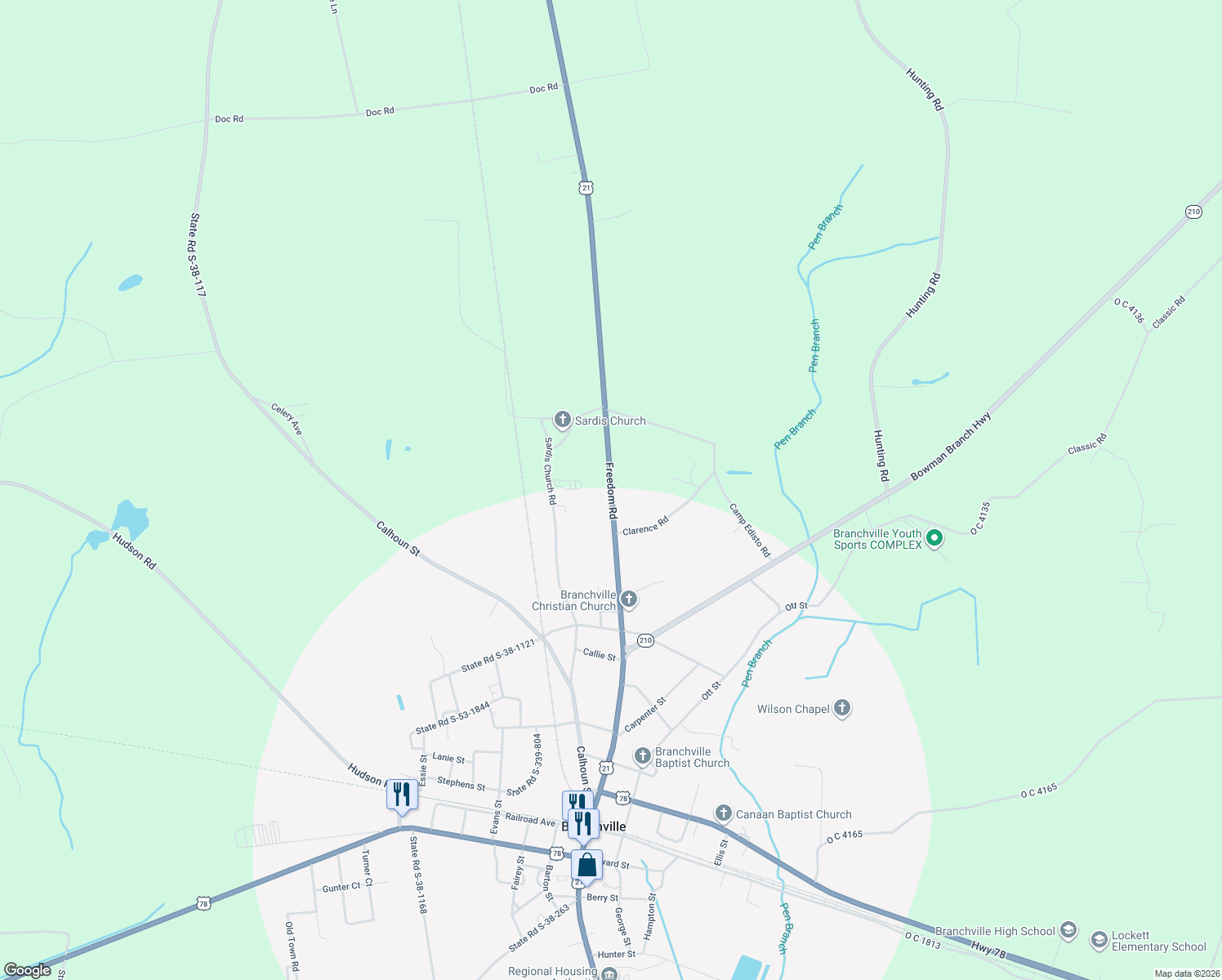 map of restaurants, bars, coffee shops, grocery stores, and more near 6810 Freedom Road in Branchville