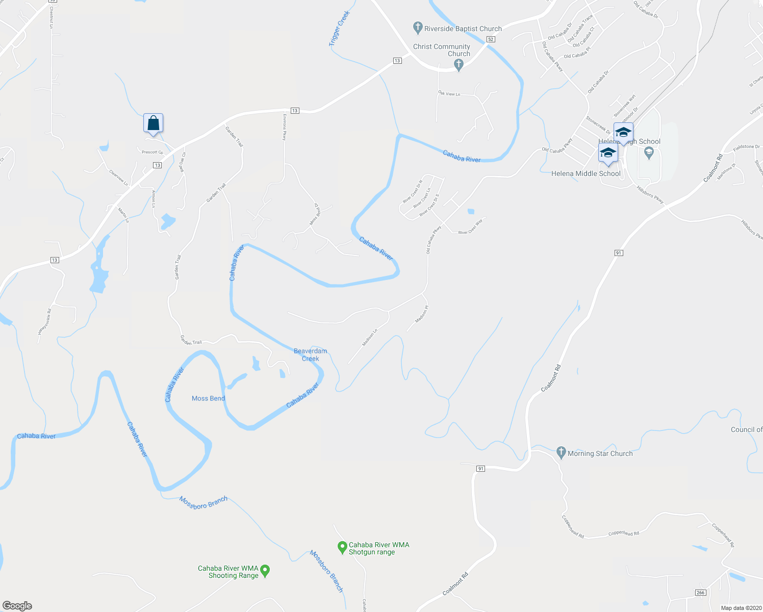 map of restaurants, bars, coffee shops, grocery stores, and more near 4526 Old Cahaba Parkway in Helena