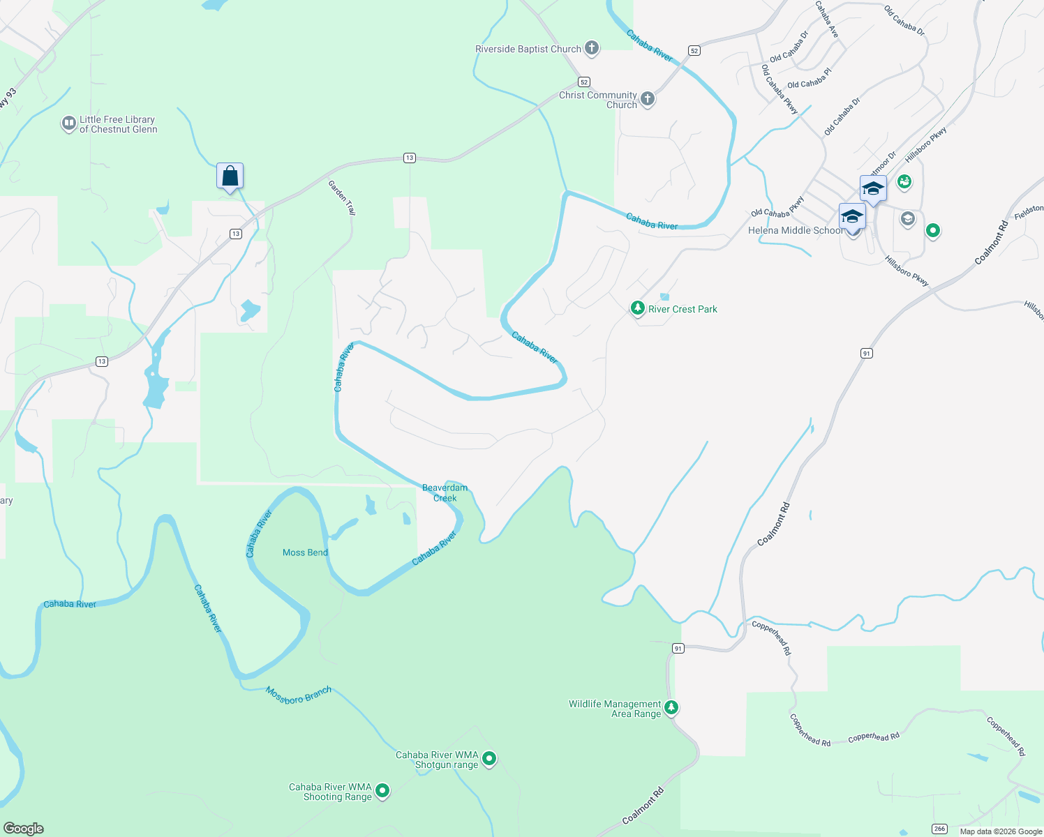 map of restaurants, bars, coffee shops, grocery stores, and more near 4447 Old Cahaba Parkway in Helena