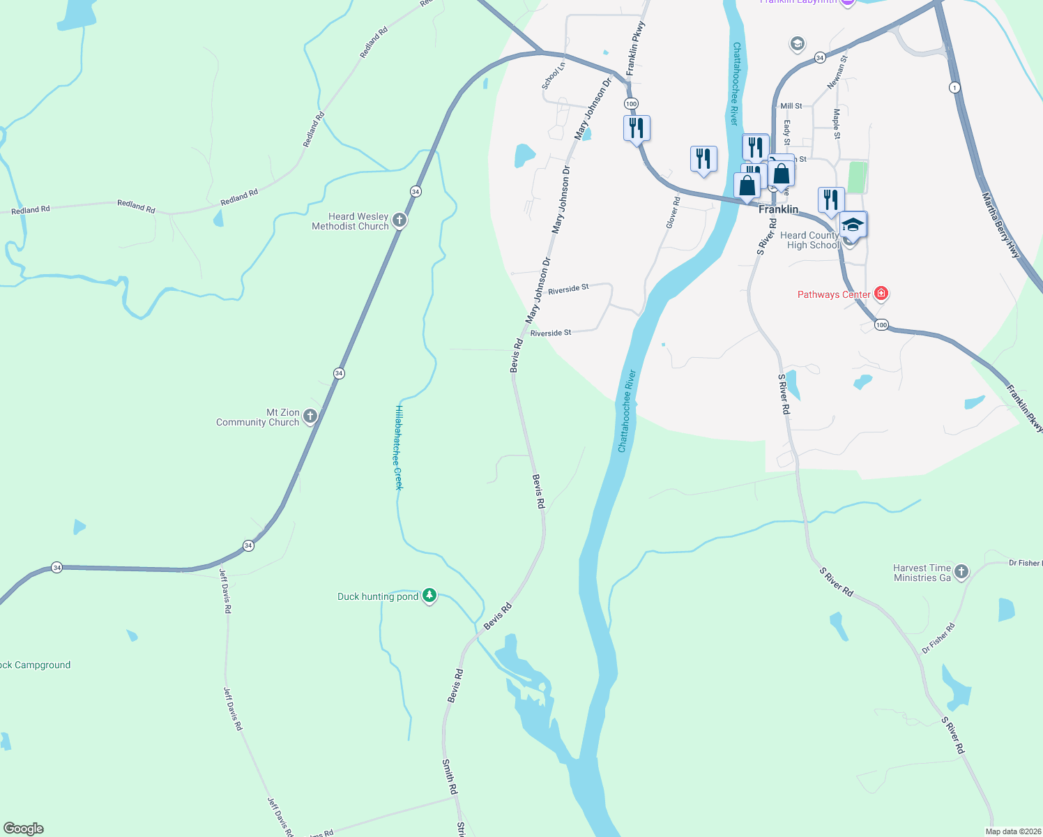 map of restaurants, bars, coffee shops, grocery stores, and more near Bevis Road in Franklin
