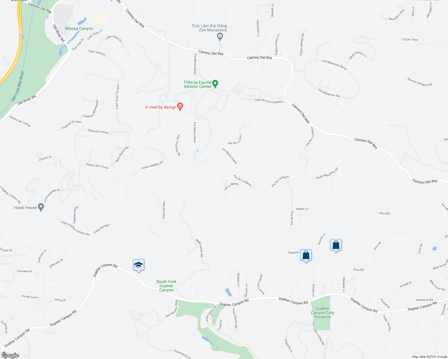 map of restaurants, bars, coffee shops, grocery stores, and more near 30410 Calle La Reina in Bonsall