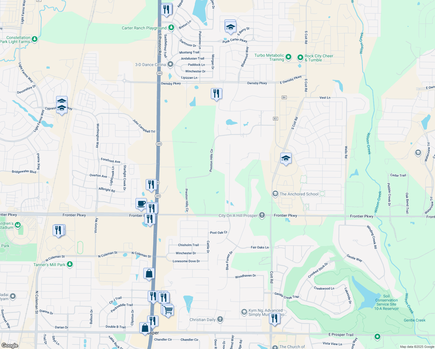 map of restaurants, bars, coffee shops, grocery stores, and more near 3488 Preston Hills Cir in Prosper