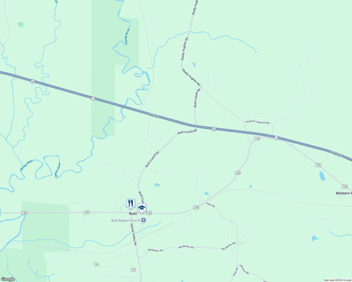 map of restaurants, bars, coffee shops, grocery stores, and more near 16501-16599 Mills Valley Lane in Buhl