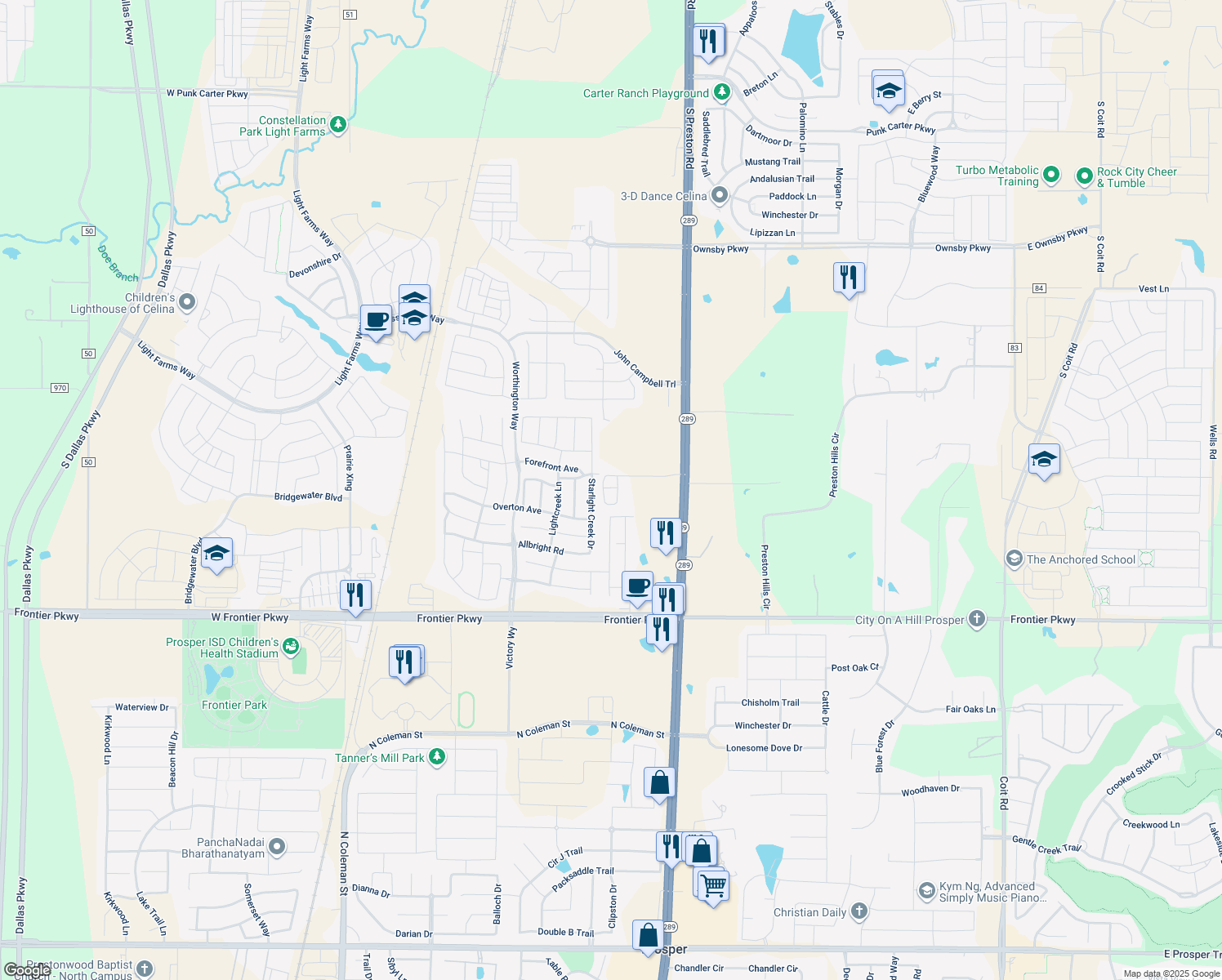 map of restaurants, bars, coffee shops, grocery stores, and more near 4131 South Preston Road in Prosper