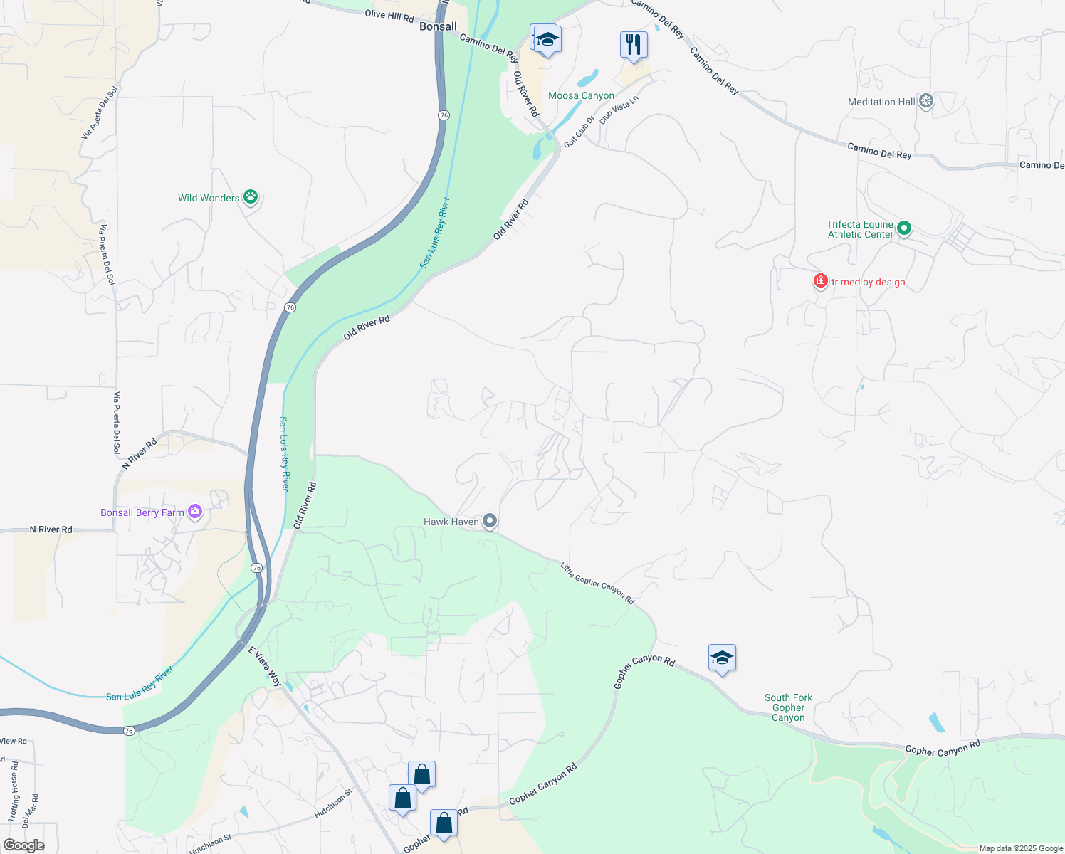map of restaurants, bars, coffee shops, grocery stores, and more near 1403 Chariot Court in Bonsall