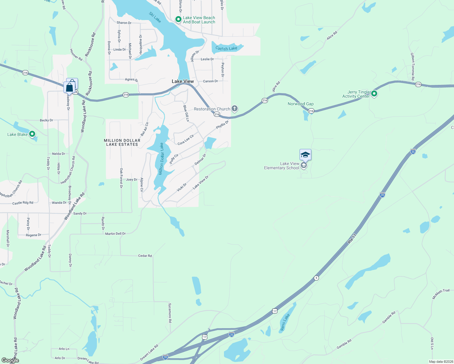 map of restaurants, bars, coffee shops, grocery stores, and more near 21173 Lake View Drive in Lake View