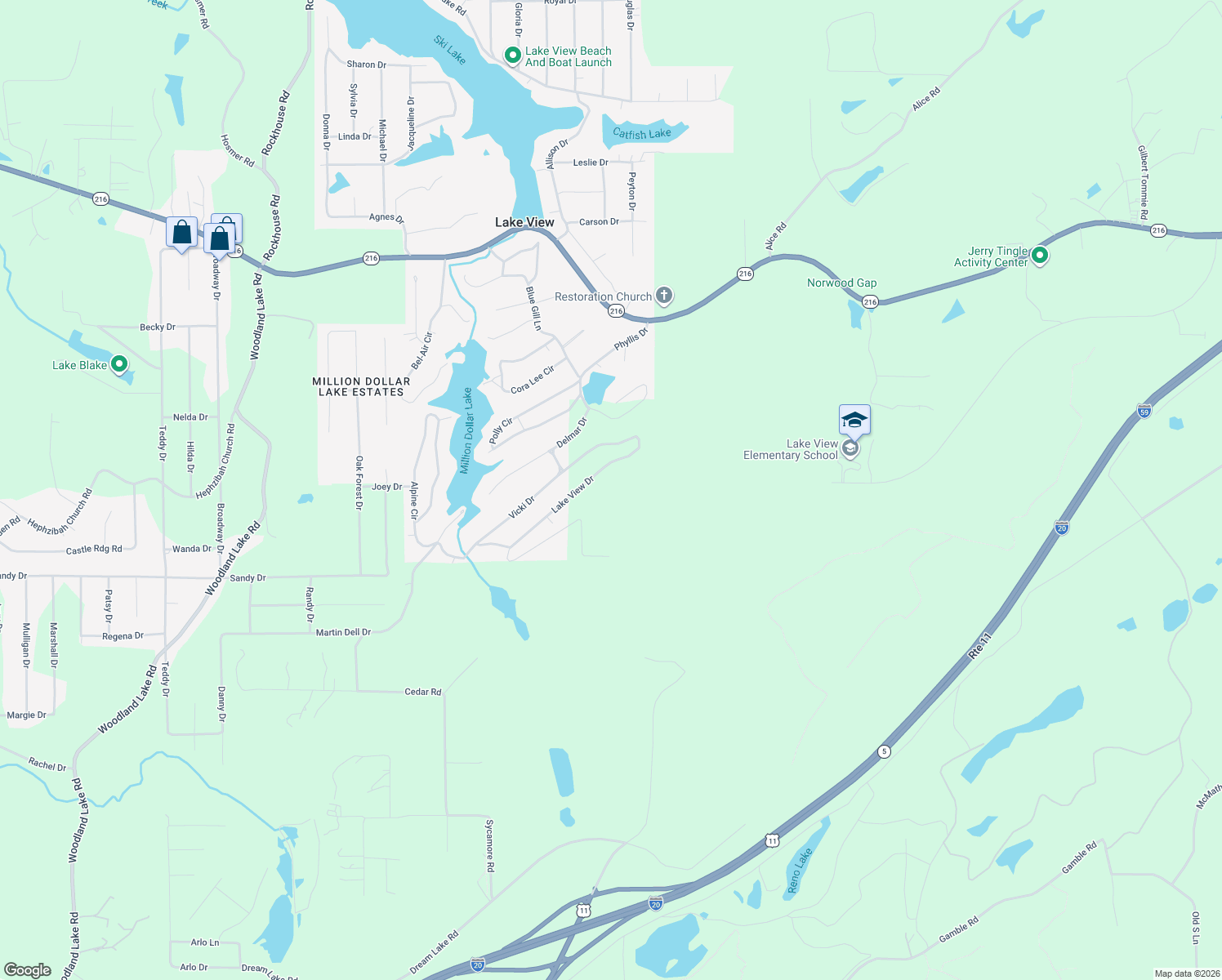 map of restaurants, bars, coffee shops, grocery stores, and more near 21211 Lake View Drive in Lake View