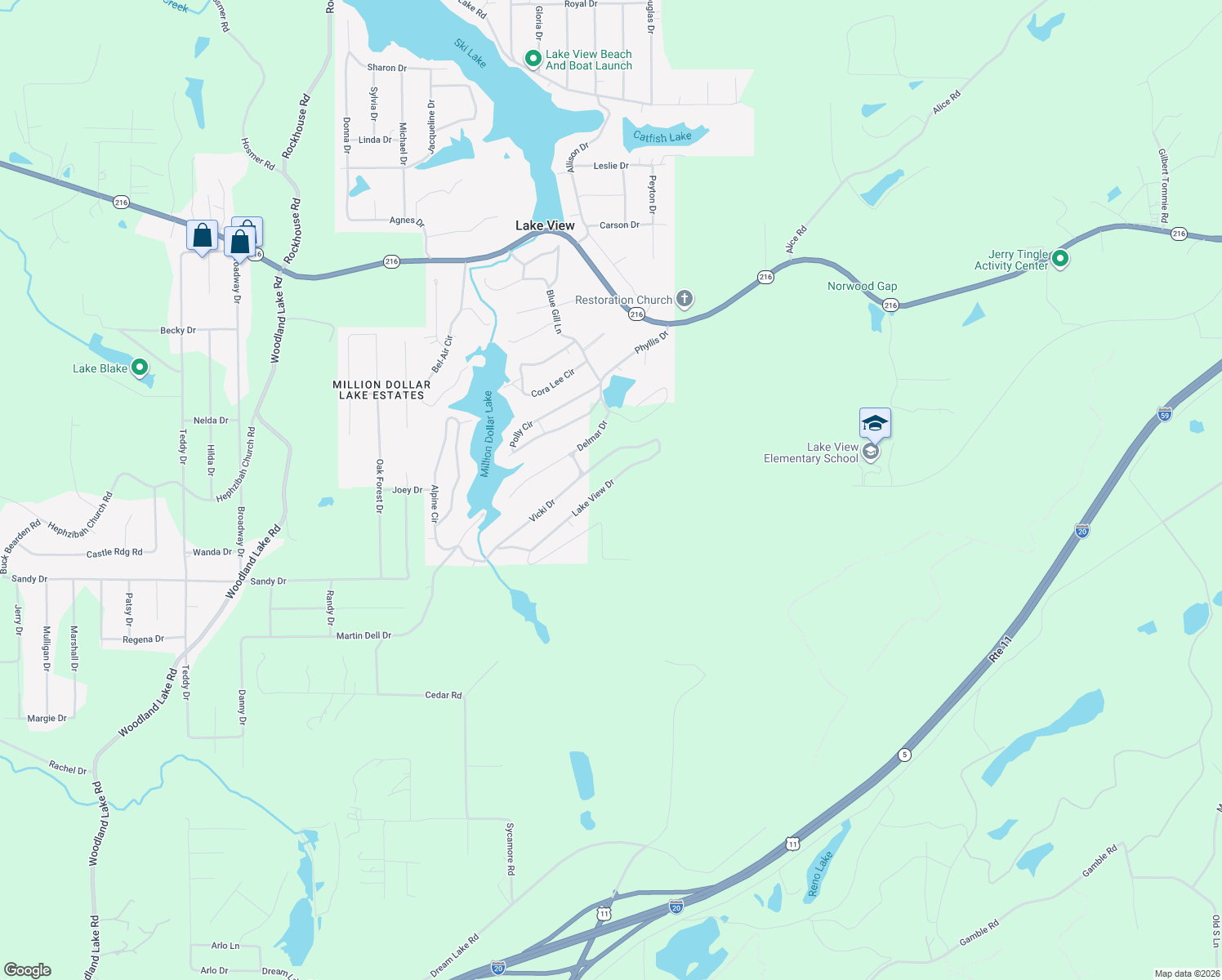 map of restaurants, bars, coffee shops, grocery stores, and more near 21211 Lake View Drive in Lake View