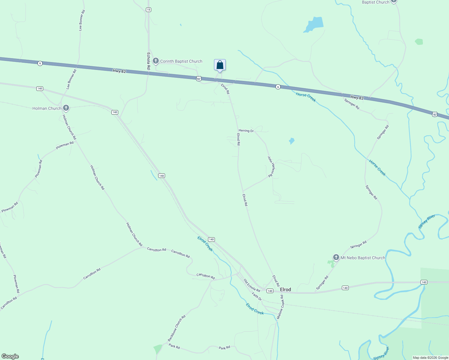 map of restaurants, bars, coffee shops, grocery stores, and more near 12394 County Road 15 in Elrod