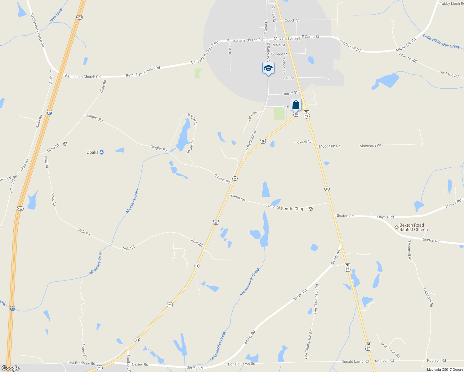 map of restaurants, bars, coffee shops, grocery stores, and more near 3674 U.S. 29 in Moreland