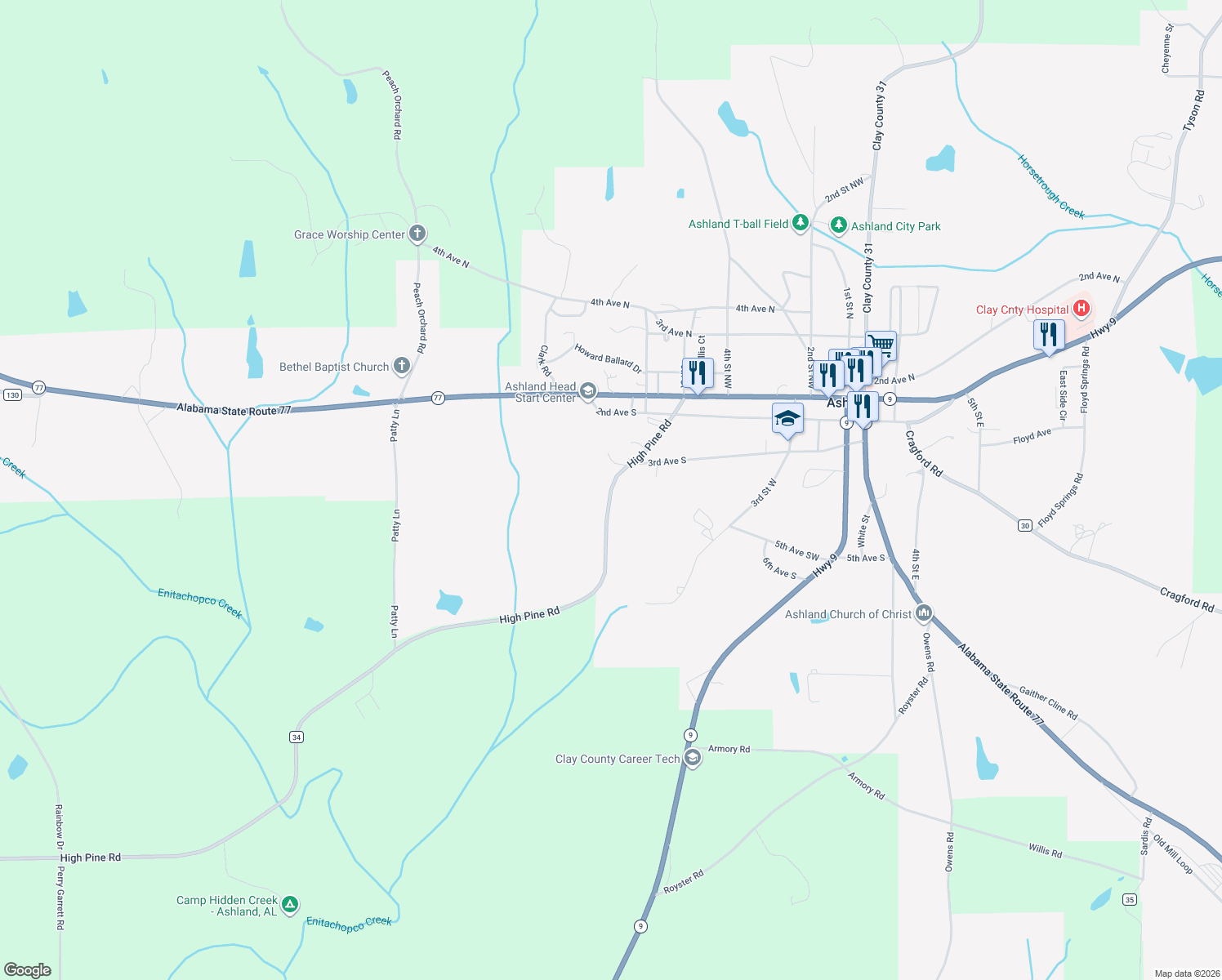 map of restaurants, bars, coffee shops, grocery stores, and more near High Pine Road in Ashland