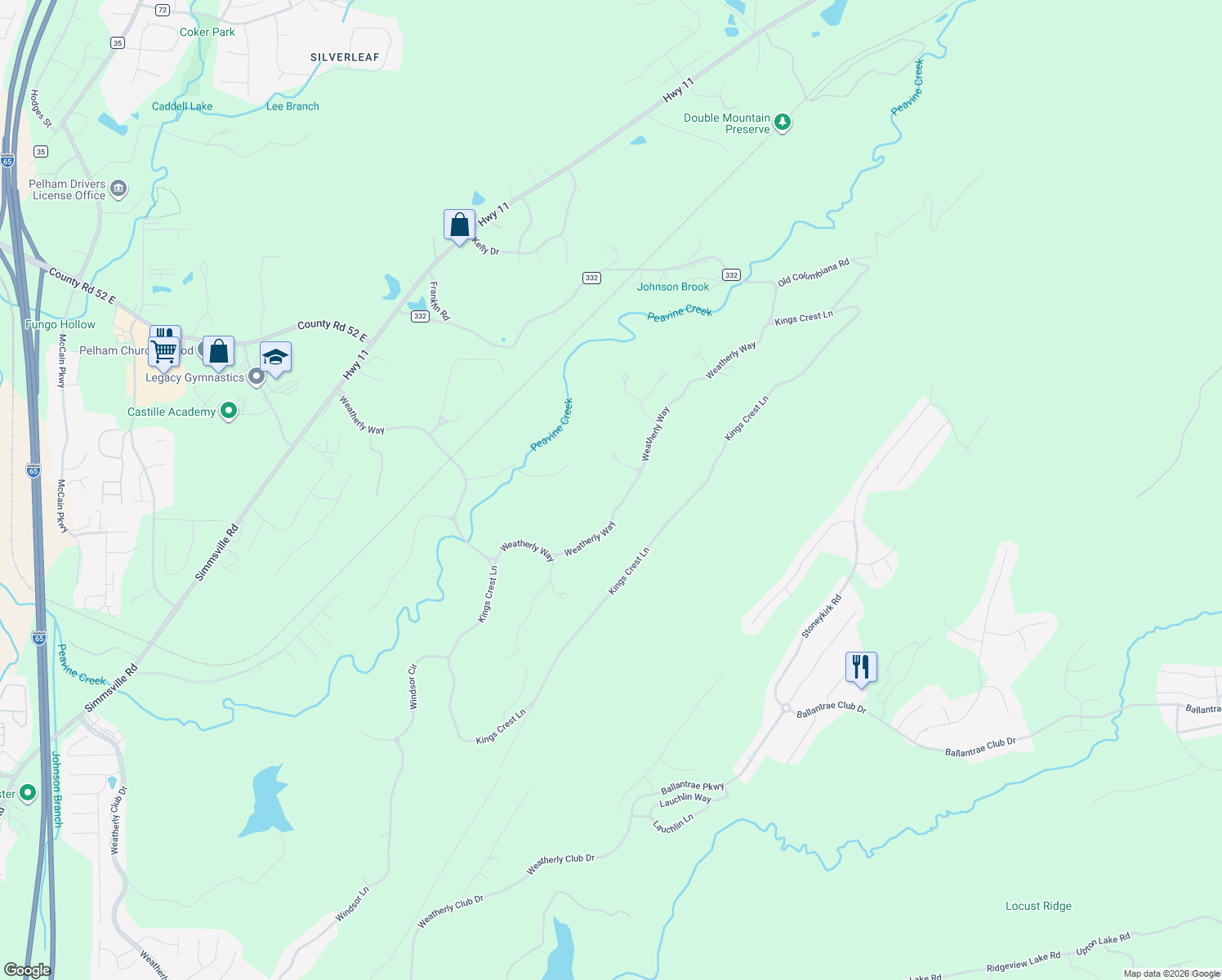 map of restaurants, bars, coffee shops, grocery stores, and more near 163 Weatherly Way in Pelham