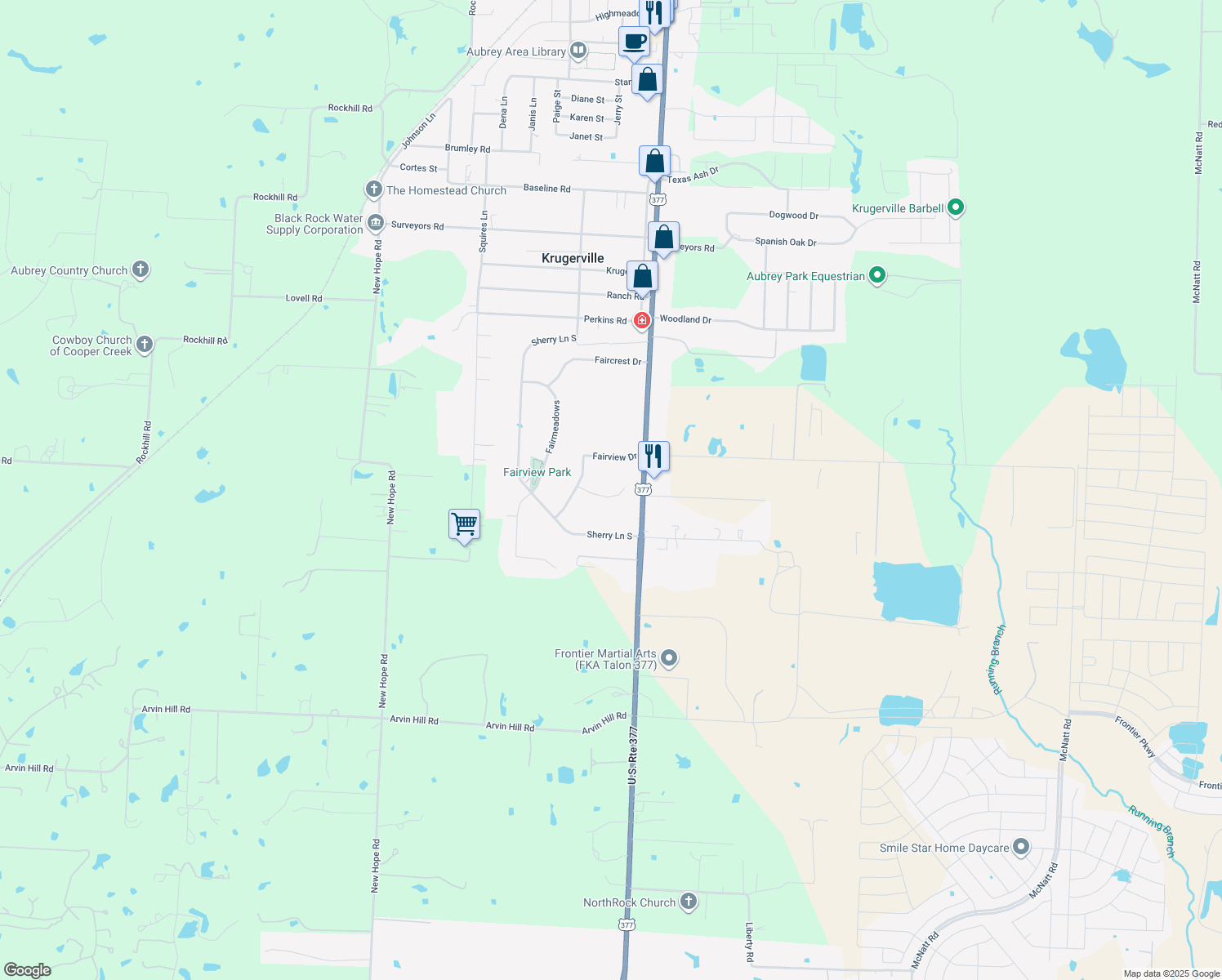 map of restaurants, bars, coffee shops, grocery stores, and more near 807 Fairview Cir in Krugerville