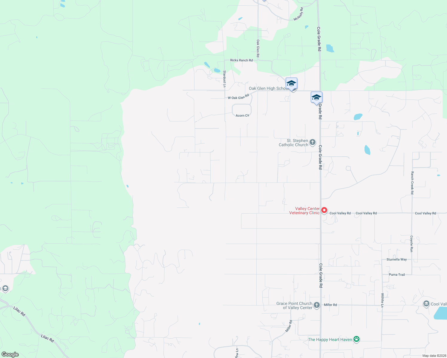 map of restaurants, bars, coffee shops, grocery stores, and more near 30810 Stardust Lane in Valley Center