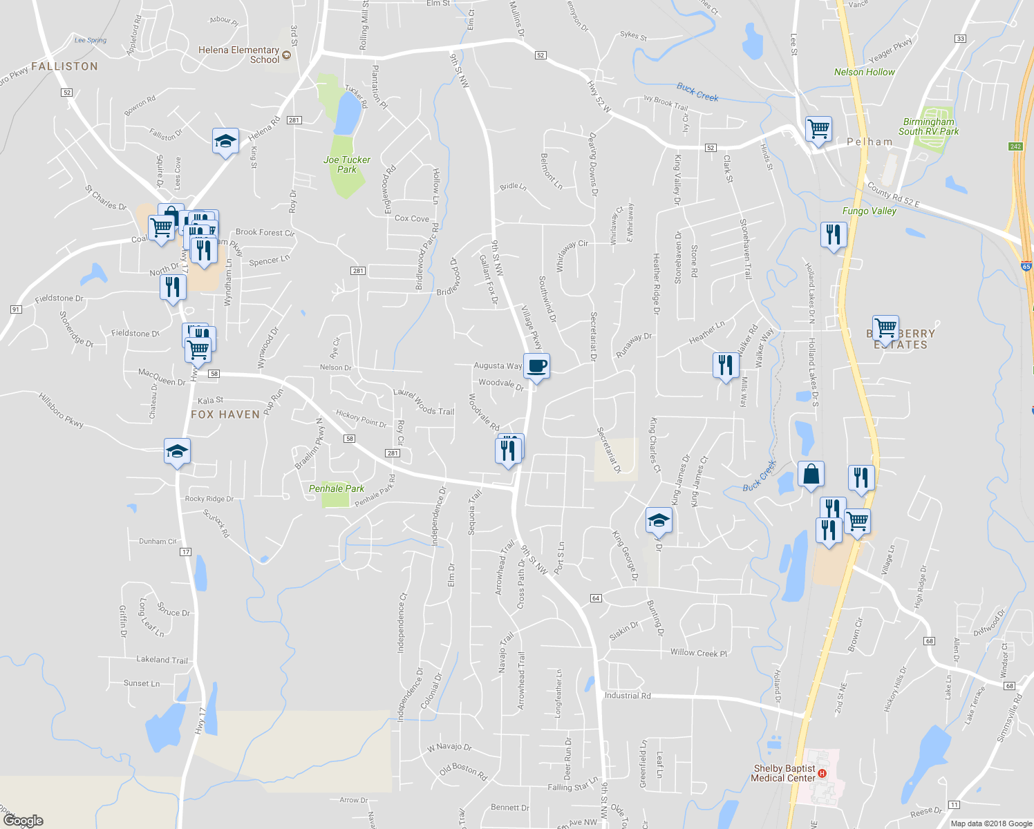 map of restaurants, bars, coffee shops, grocery stores, and more near 6040 Woodvale Road in Helena