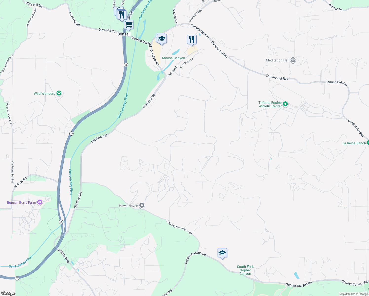 map of restaurants, bars, coffee shops, grocery stores, and more near 1402 Vista De Lomas in Bonsall