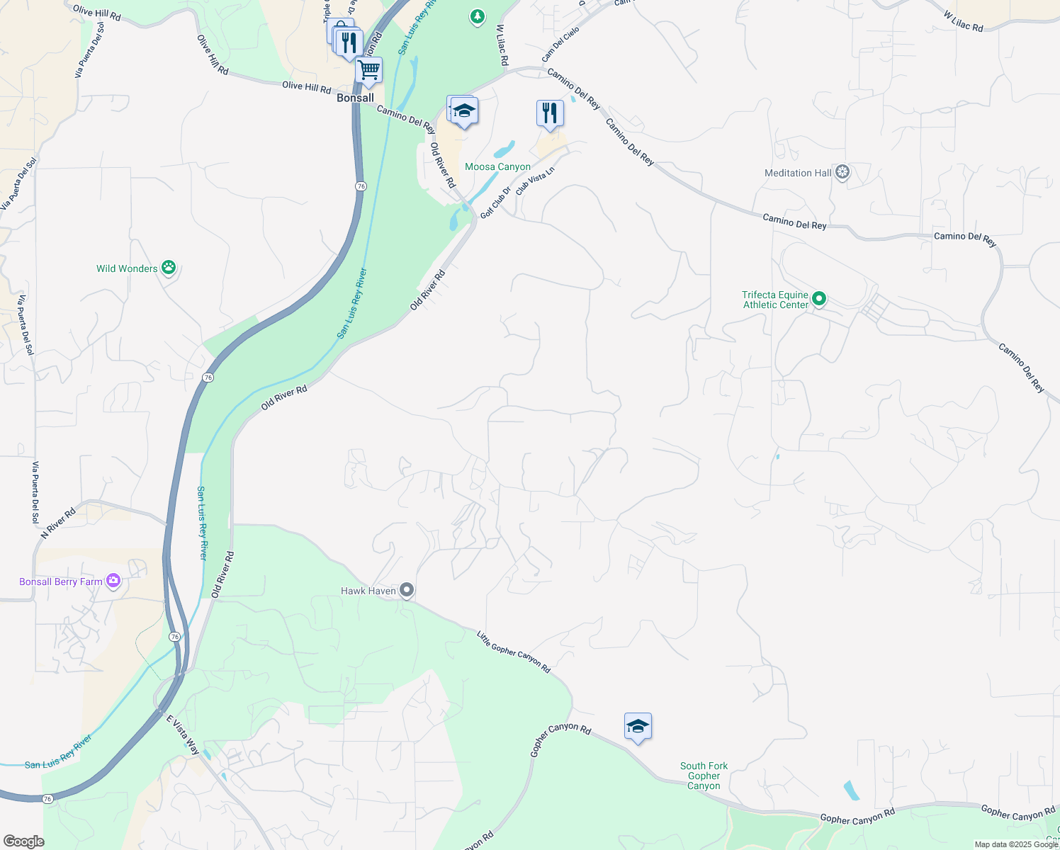 map of restaurants, bars, coffee shops, grocery stores, and more near 1402 Vista De Lomas in Bonsall