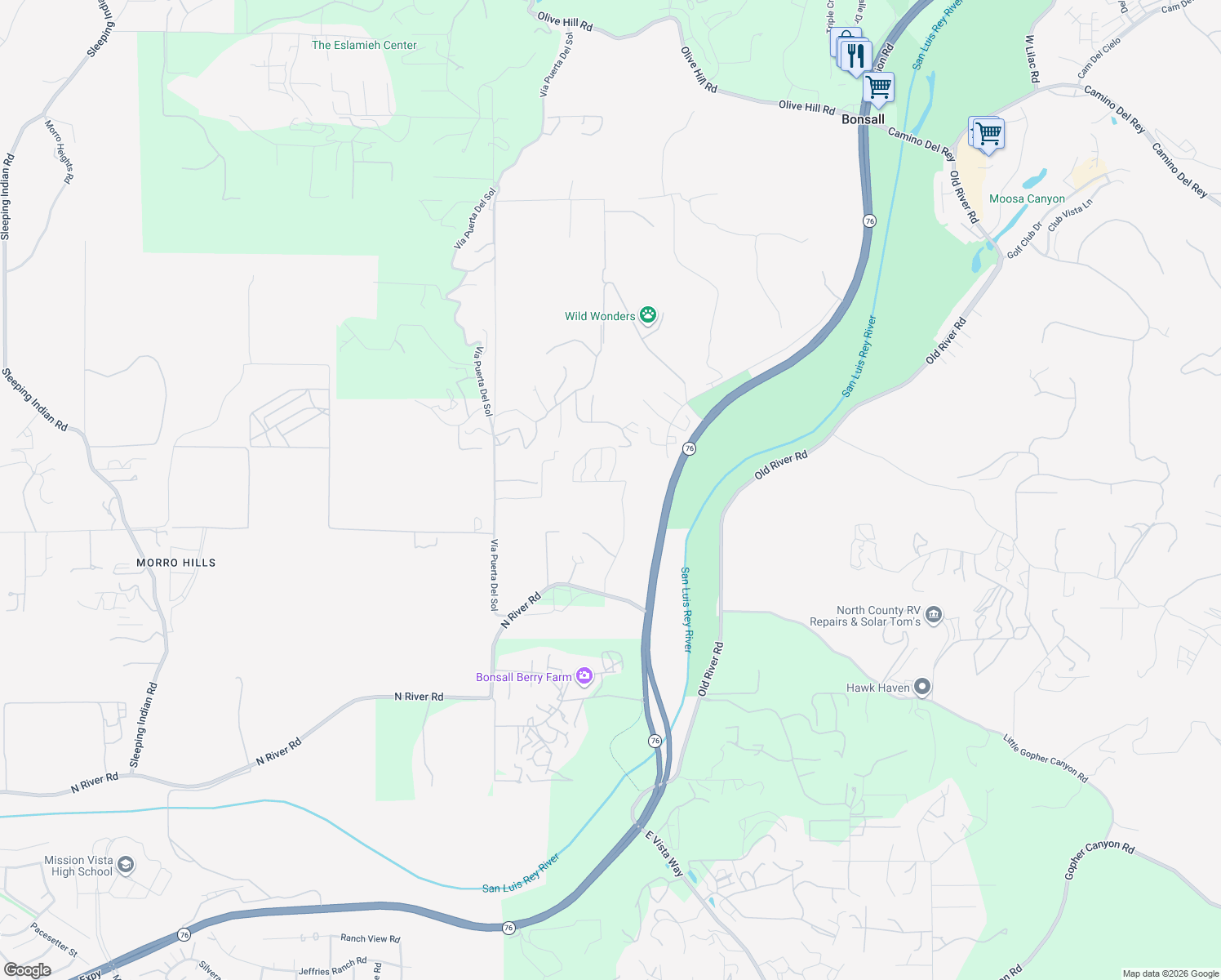 map of restaurants, bars, coffee shops, grocery stores, and more near 4787 Caminito De Los Cepillos in Bonsall