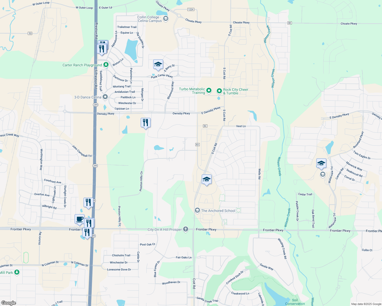 map of restaurants, bars, coffee shops, grocery stores, and more near 4054 Preston Hills Circle in Celina
